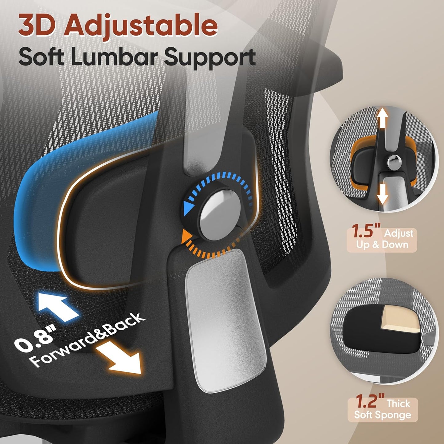 Ergonomic Office Chair with Foot Rest, Home Mesh Desk Chair with Adjustable Lumbar Support, 3D Armrest, 3D Headrest, 90°-135° Lockable Reclining Function, Comfy High Back Swivel Computer Gaming Chairs