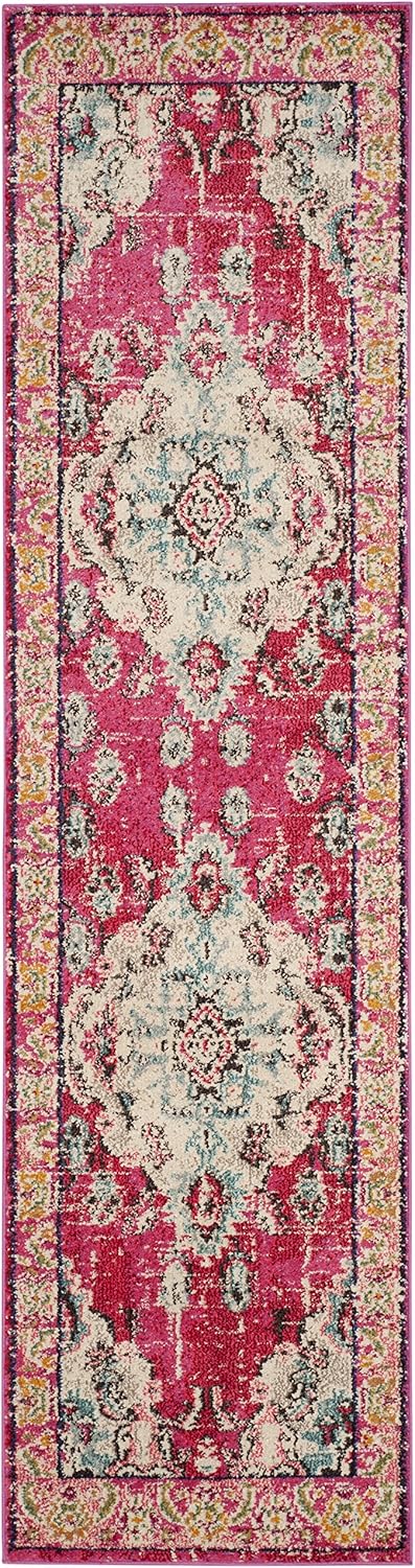SAFAVIEH Monaco Collection Runner Rug - 2'2" x 22', Pink & Multi, Boho Chic Medallion Distressed Design, Non-Shedding & Easy Care, Ideal for High Traffic Areas in Living Room, Bedroom (MNC243D)