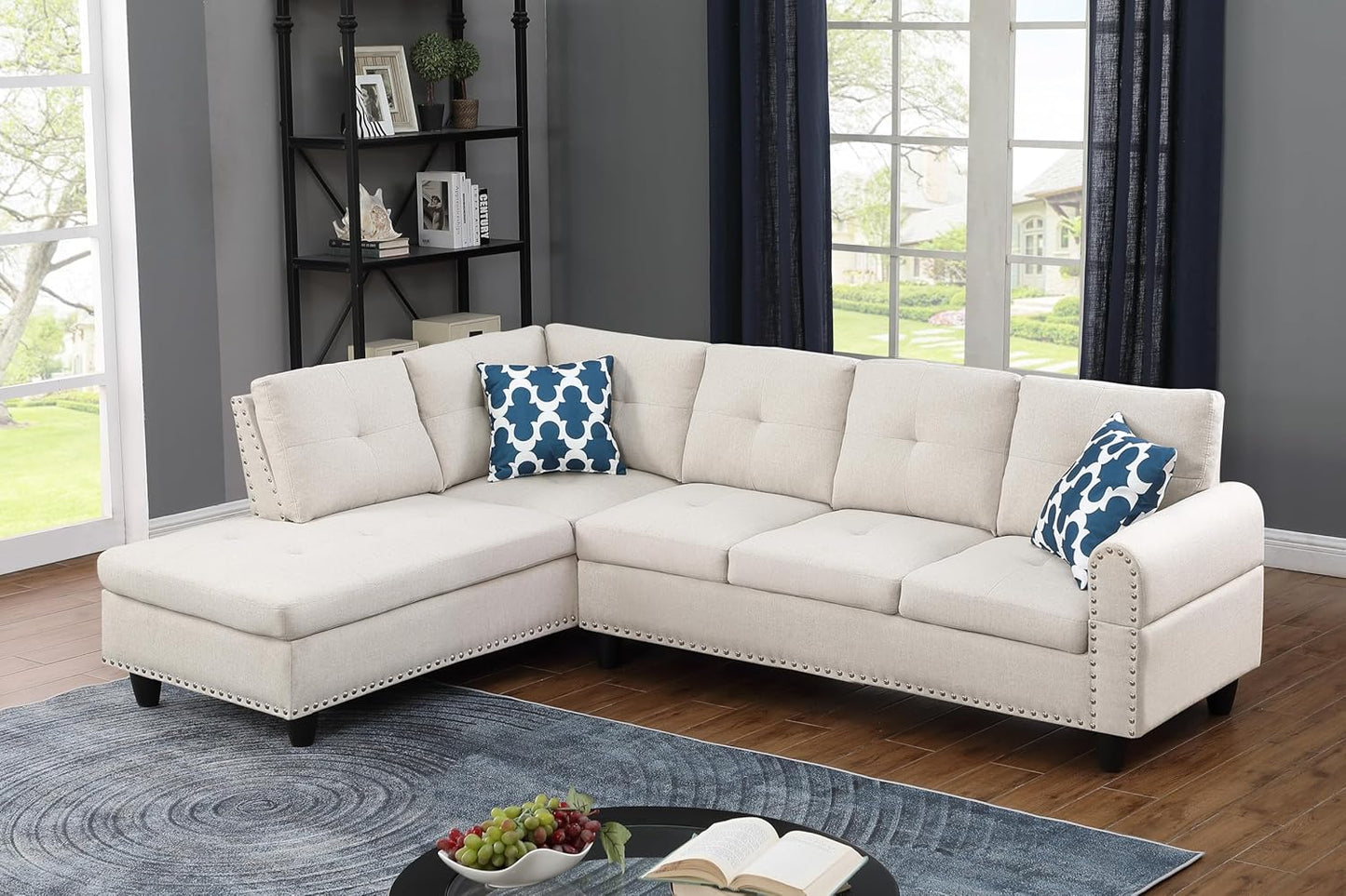 Ball & Cast 98" L Shaped Sectional Couch for Living Room with Coffee Table and Nailhead Trim,4 Seat Linen Upholstered Modular Sectional Sofa Set 2 PCS W/Chaise and Cup Holders,for Home,Office,Beige