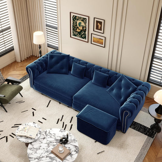 KEIKI King Size Convertible Chesterfield Sofa Bed, 89" Velvet Couch with Ottoman, Tufted Design, 3-in-1 Sleeper Sofa for Living Room, Bedroom, or Office, Blue