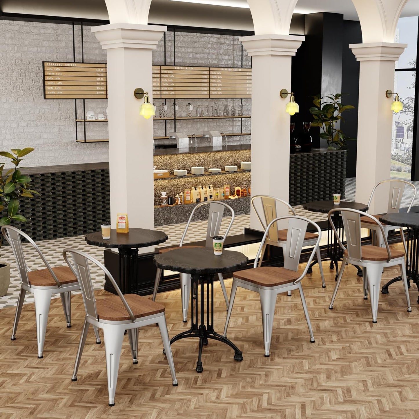 18 Inch Metal Dining Chairs,Arlunar Farmhouse Chairs Set of 4 Black Dining Room Chairs Stackable with Back and Wooden Seat bar stools