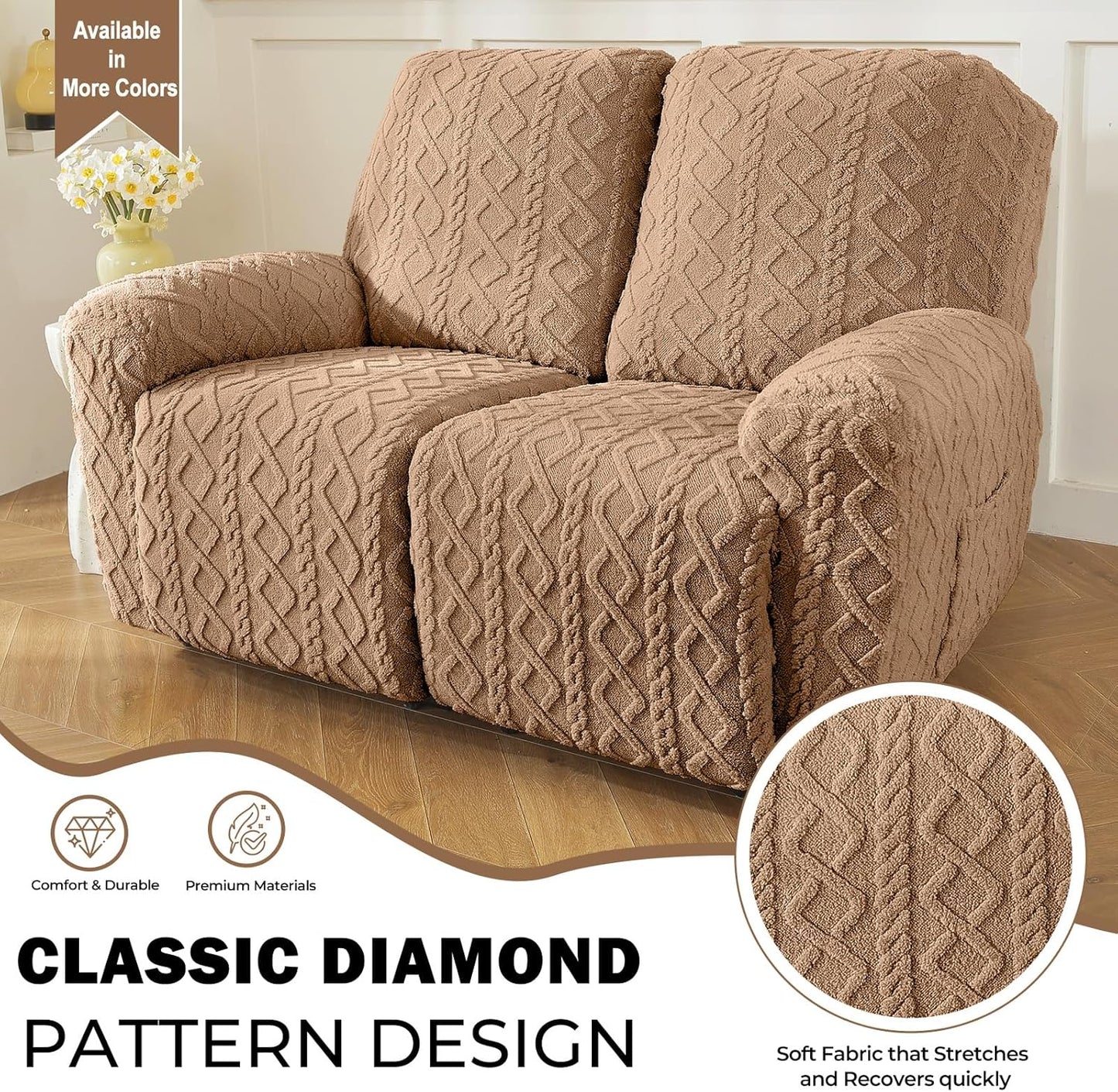 vctops 6 Pieces Geometric Jacquard Plush Recliner Loveseat Slipcovers Soft Fuzzy Fluffy Sofa Couch Cover Anti-Slip Furniture Protector with Elastic Bottom for Kids Cats Dogs(Brown,2 Seat)