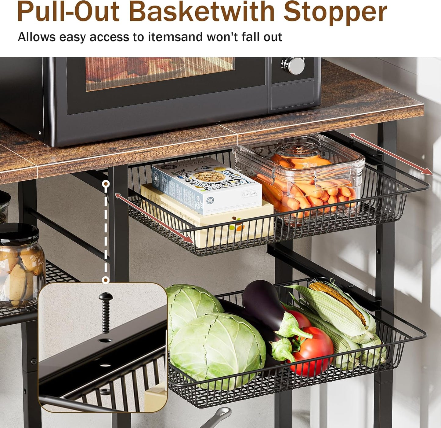 Kitchen Baker’s Rack, Microwave Stand with 2 Mesh Basket, Coffee Bar, 6 S-Shaped Hook, for Kitchen Storage Shelf, Living Room, Rustic Brown and Black