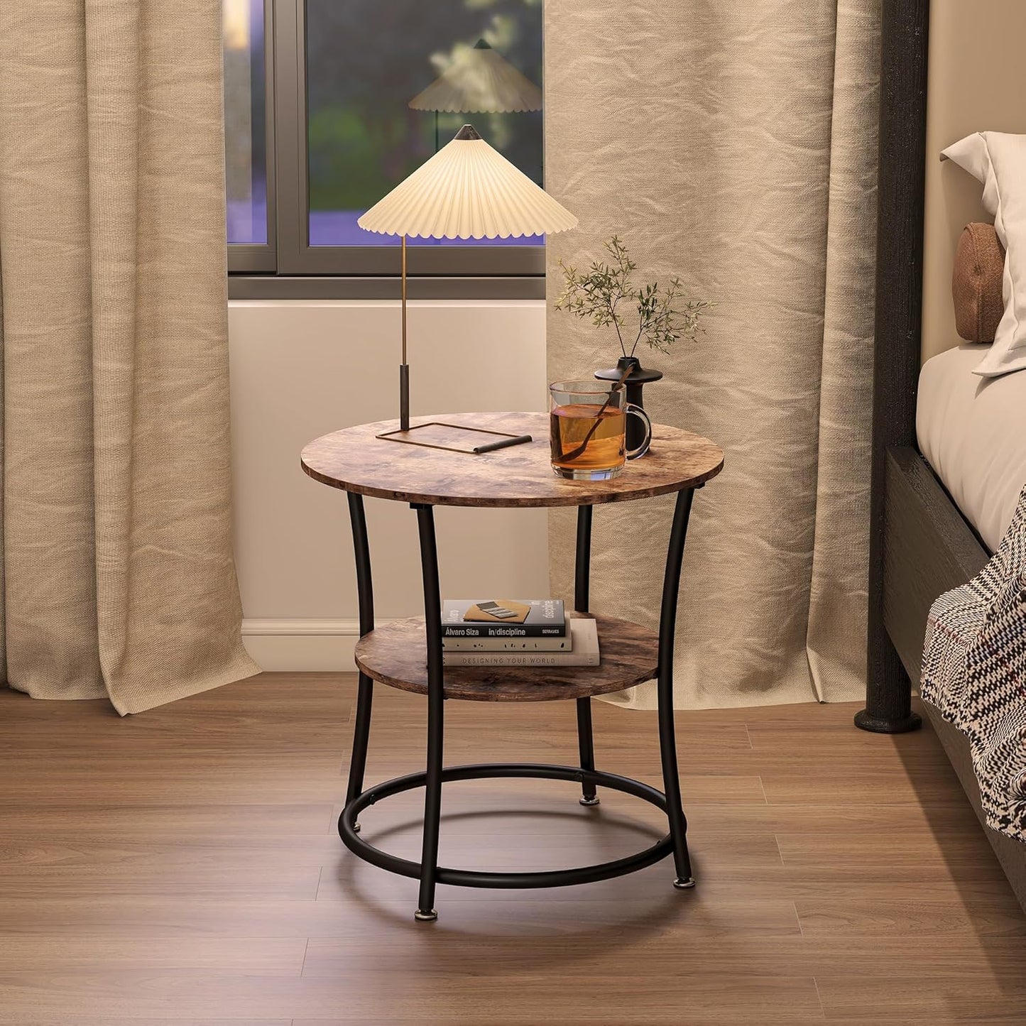 BOFENG Round Coffee Table Side Table,Round End Table with 2 Storage Shelves for Living Room, Bedroom,Small Space,Coffee Table Nightstand with Sturdy Metal Frame,Easy Assembly,Rustic Brown