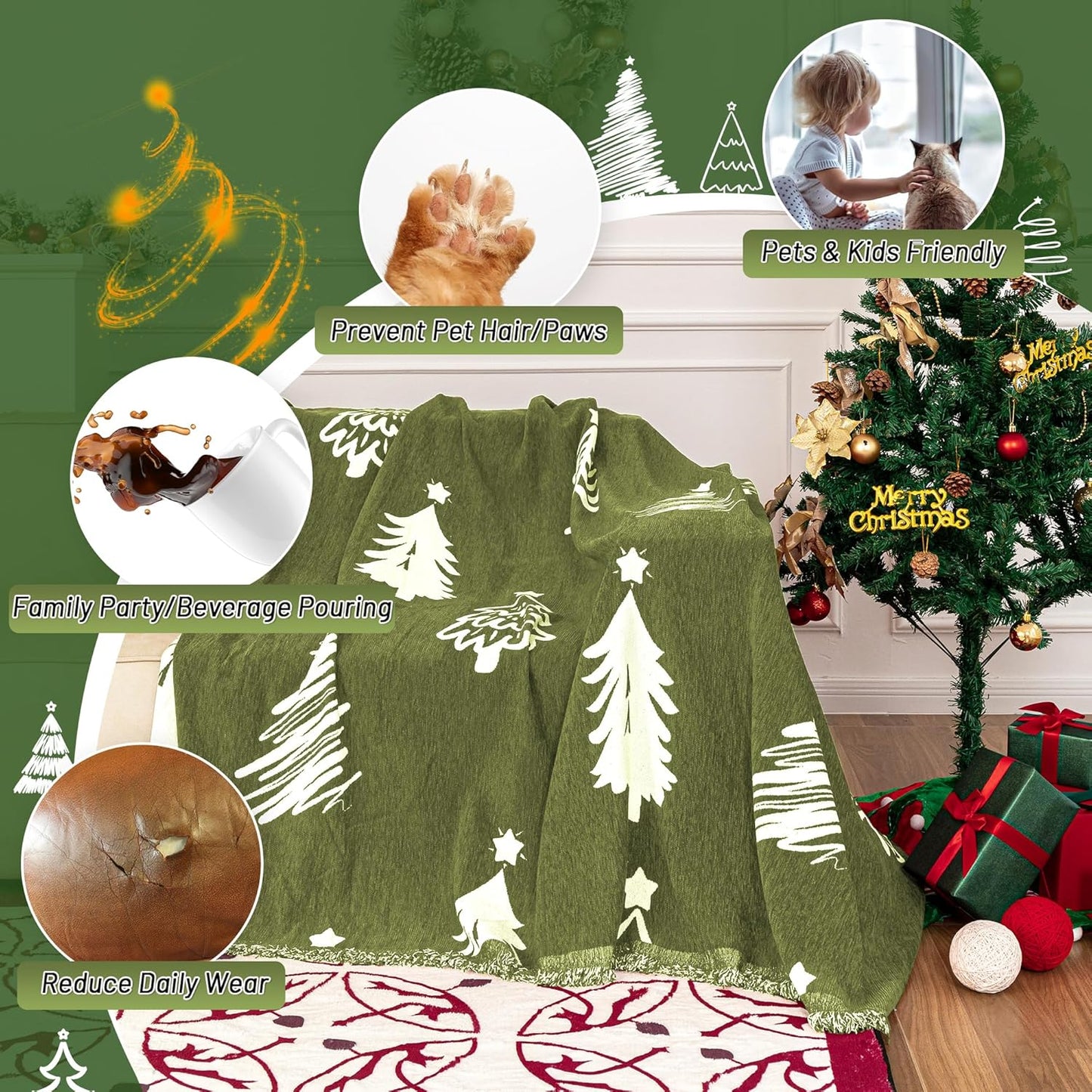 MYSKY HOME 71"X102" Chair Christmas Couch Cover, Sectional Sofa Covers Sofa Slipcover for 1 Cushion Couch, L Shape Couch Covers for Dogs, Kids, Washable Sofa Blanket, Furniture Protector, Green