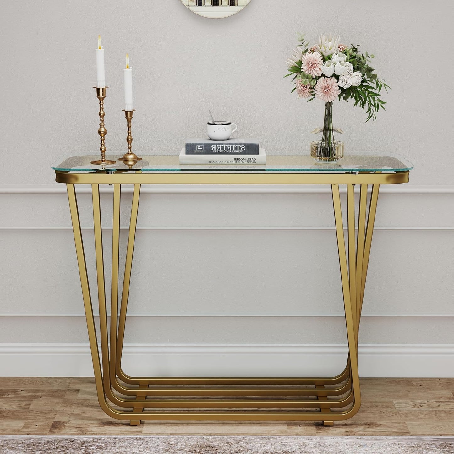OIOG Glass Console Table for Entryway, Modern Entrance Table with Tempered Glass, Gold Sofa Table for Living Room Hallway