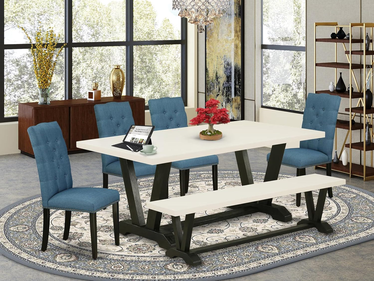 East West Furniture V627EL121-6 6 Piece Dining Table Set Contains a Rectangle Dining Room Table with V-Legs and 4 Blue Linen Fabric Parson Chairs with a Bench, 40x72 Inch, Multi-Color