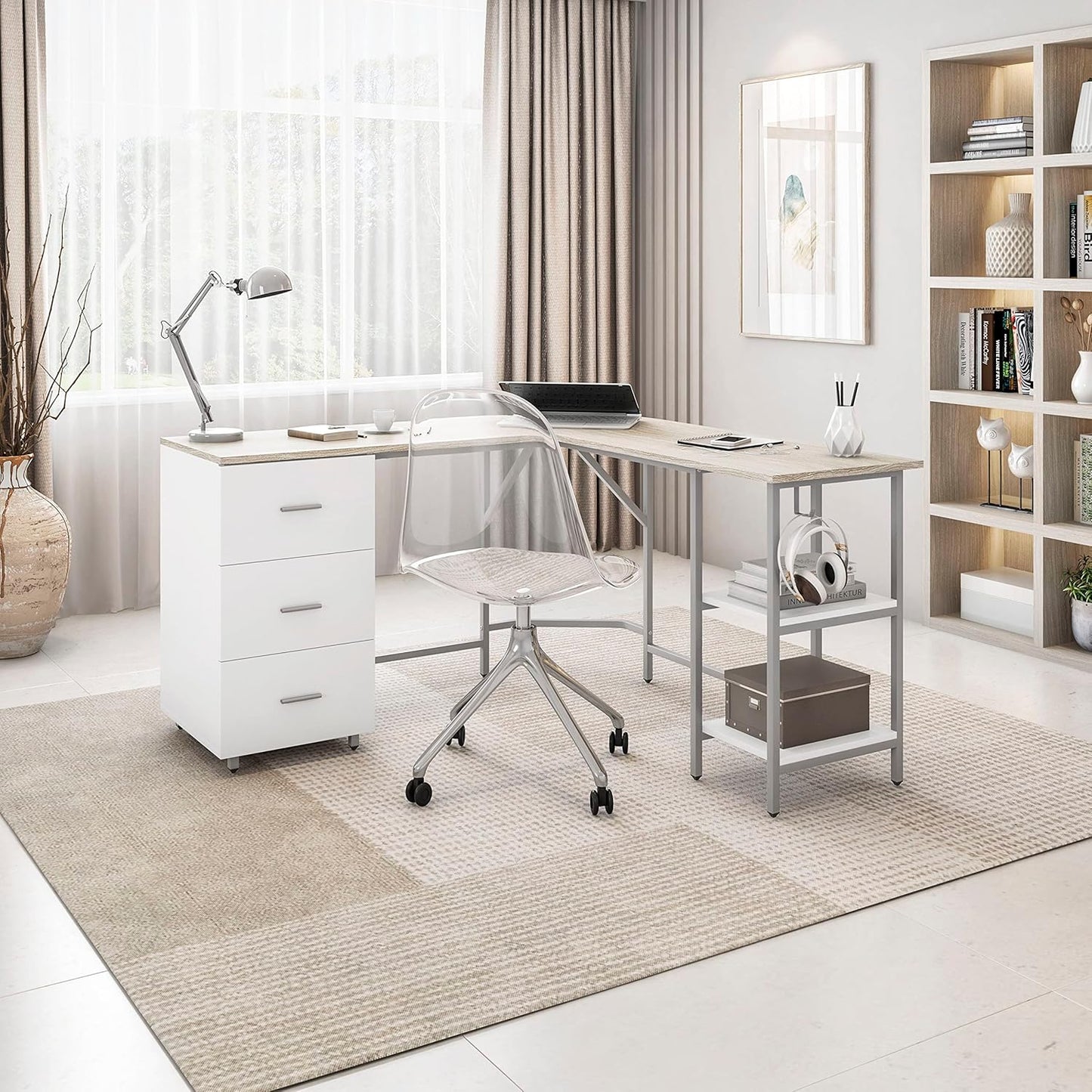 Techni Mobili L Shaped Desk - Two-Toned Computer Desk with Drawers & Storage Shelves - Simple Modern Furniture & Home Office Space Corner Table for Work & Writing