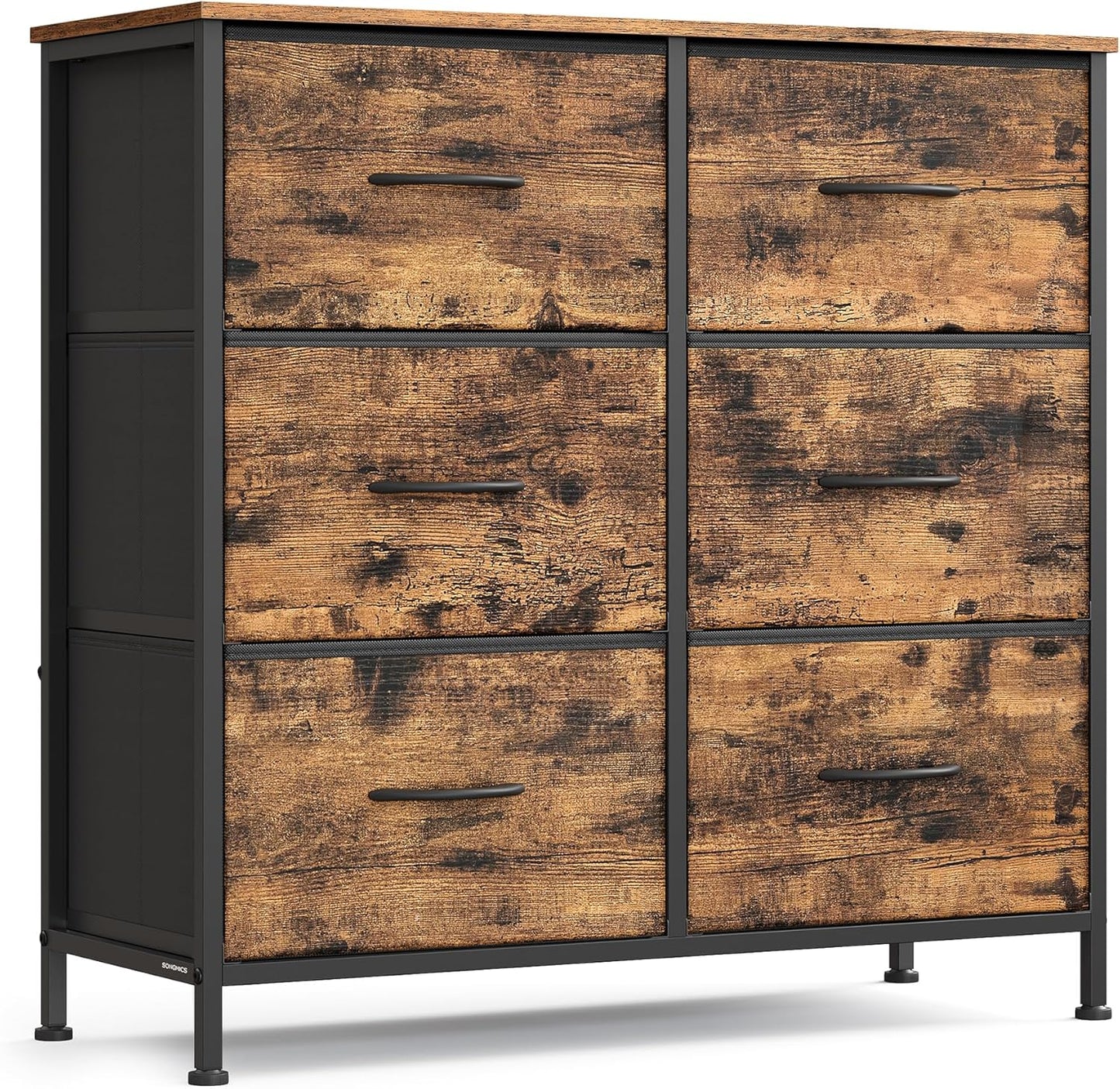SONGMICS Dresser for Bedroom, Chest of Drawers, TV Stand, Steel, MDF, 6 Non-Woven Fabric Drawers, Storage Organizer Unit, Closet, Entryway, Rustic Brown and Ink Black ULGS123B02S