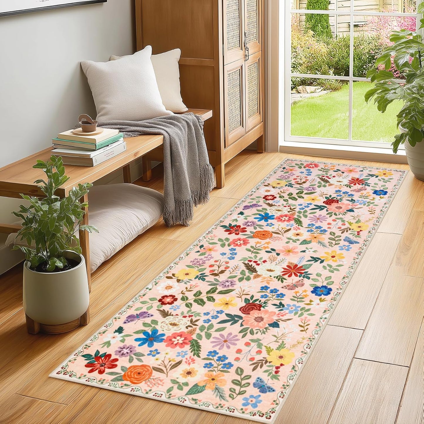 Runner Rug for Entryway: 2x10 Kitchen Rugs Non Slip Washable Ultra-Thin Soft Floral Carpet Indoor Floor Stain Resistant Carpets for Hallway Bedroom Kitchen Laundry Bathroom Dorm Beige