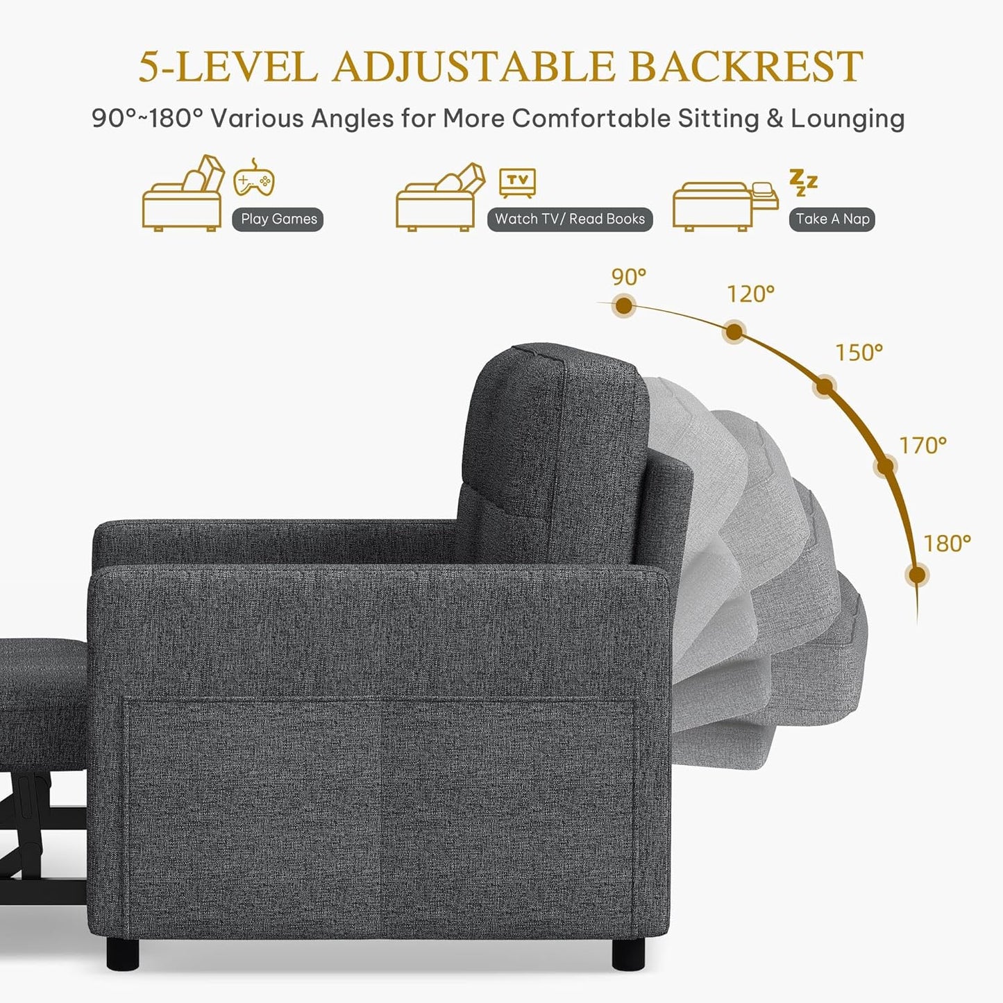 DWVO 55" Convertible Sofa Bed, 3-in-1 Sleeper Sofa with Pull-Out Bed, Linen Futon Couch with Adjustable Backrest and Side Pocket, Modern Loveseat for Living Room Apartment, Grey