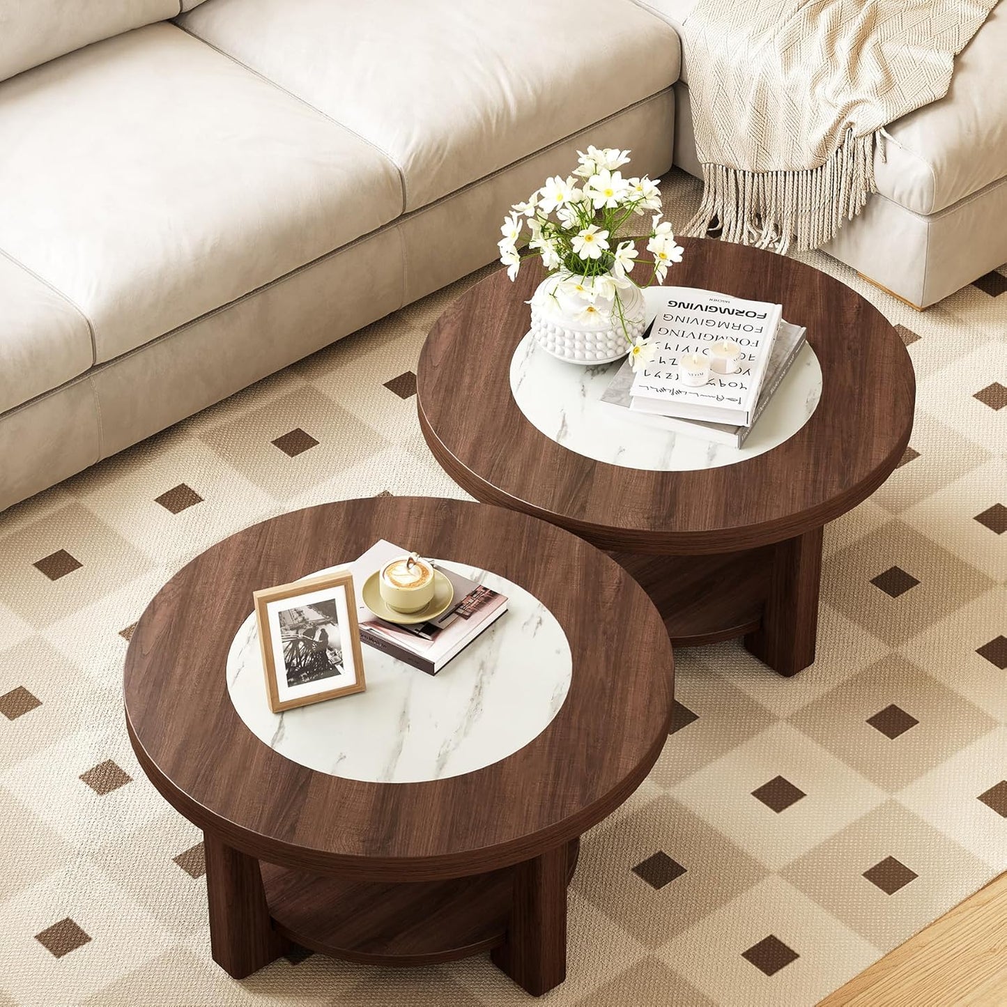 LITTLE TREE Modern Round Coffee Table, 2-Tier Wood Coffee Table with Storage, Marble-Like Tabletop for Living Room, Simple & Modern Center Table for Small Space, Brown