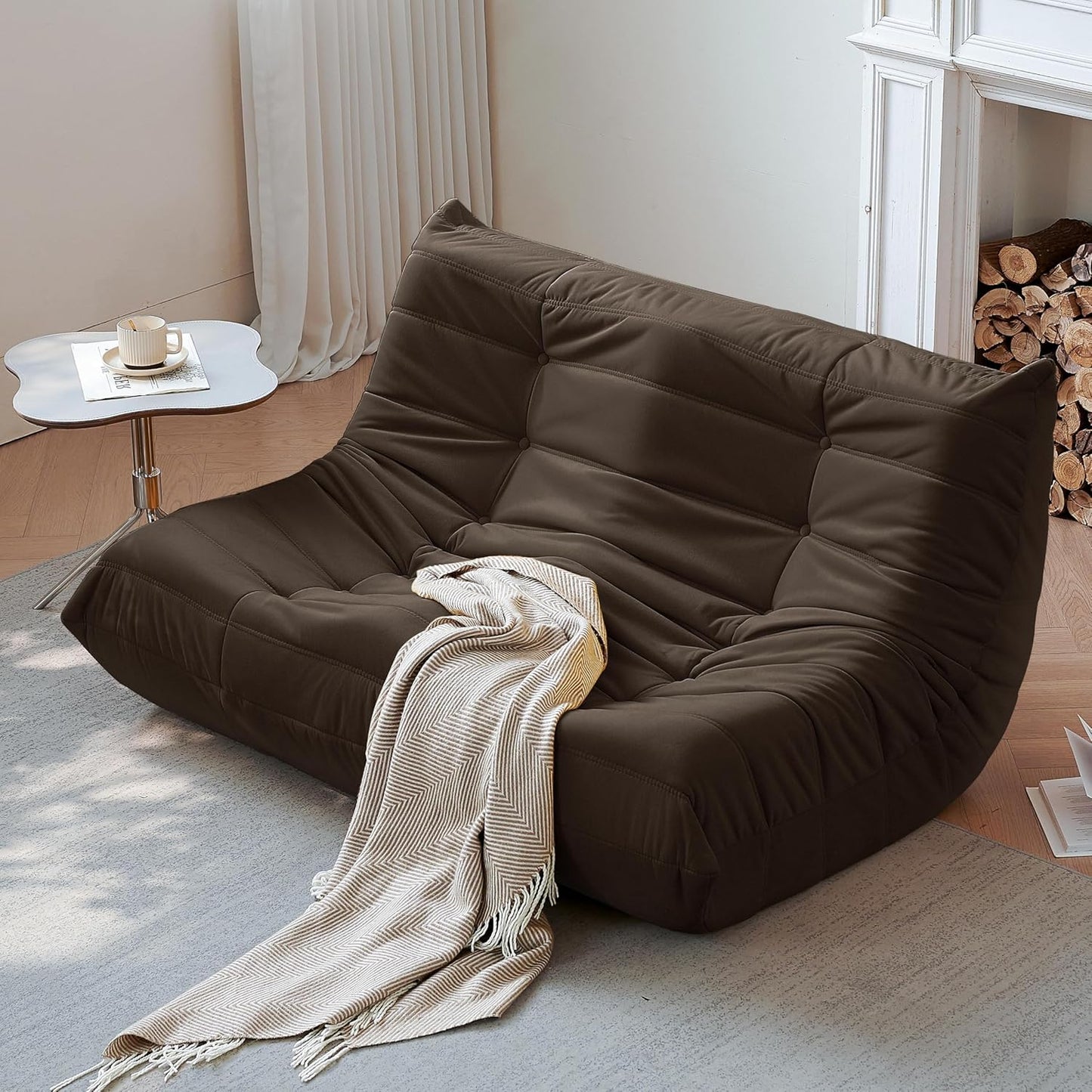 Bean Bag Chair, Loveseat Fireside Chair Bean Bag Sofa for Adults, 2 Seater Bean Bag Chairs for Teens with High-Resilience Foam, Memory Foam Bean Bag for Living Room, Bedroom, Office (Suede, Coffee)