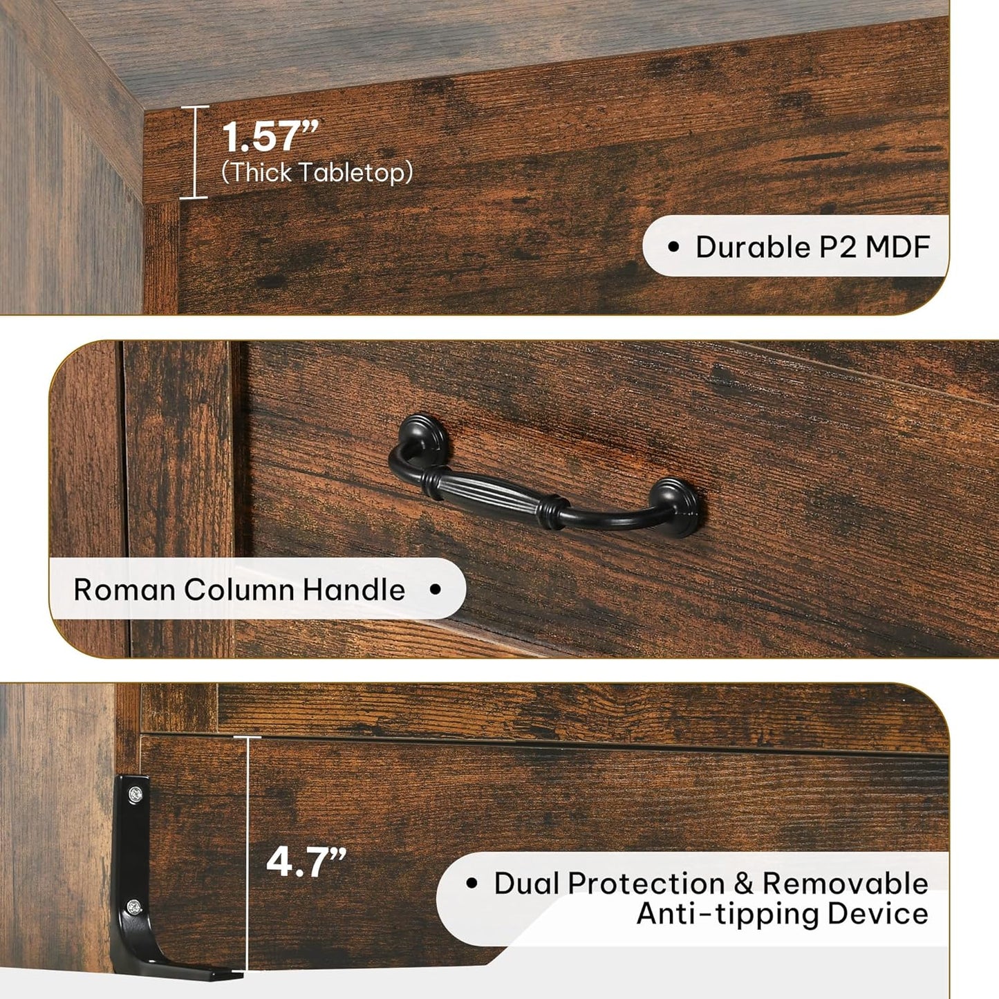 YITAHOME Rustic Brown Drawers TV Stand for 65 inches with Power Outlets -Chest of Drawers Dresser with Side Organizer Bag Entertainment Center TV Console