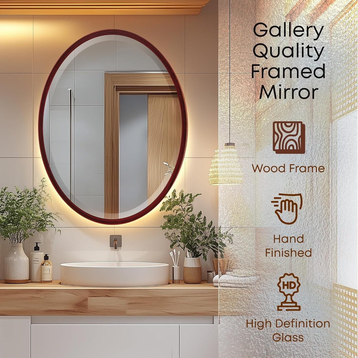 OVALCREST - Oval Wooden Beveled Wall Mirror for Home Decor, Bathroom, Vanity, Bedroom, Living Room, Hallway - London Style (Black Cherry) 21.1 x 25.1