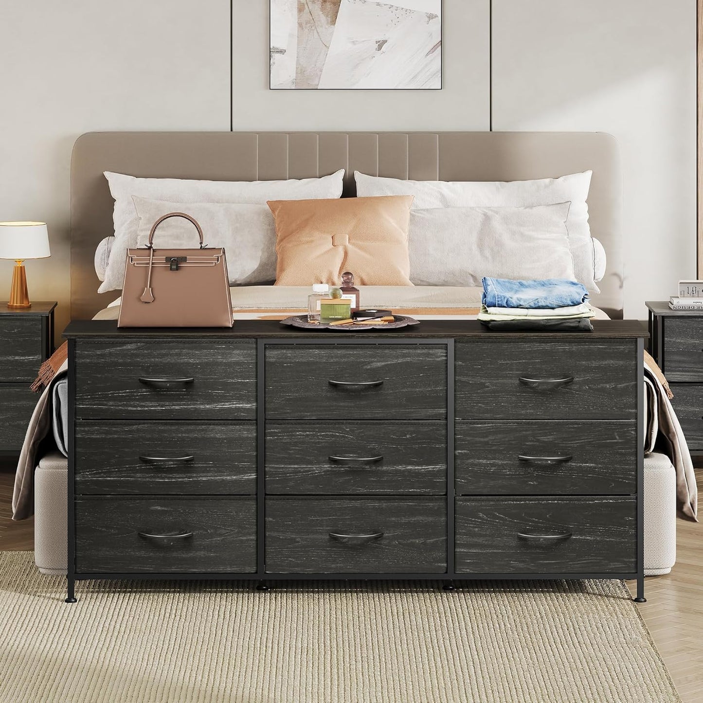 WLIVE 54''W Dresser for Bedroom, Black Dresser TV Stand for 55, 60, 65 inch TV, Wide Chest of Drawers with 9 Drawer, Large Entertainment Center, Fabric Dressers with Wood Top for Closet, Living Room