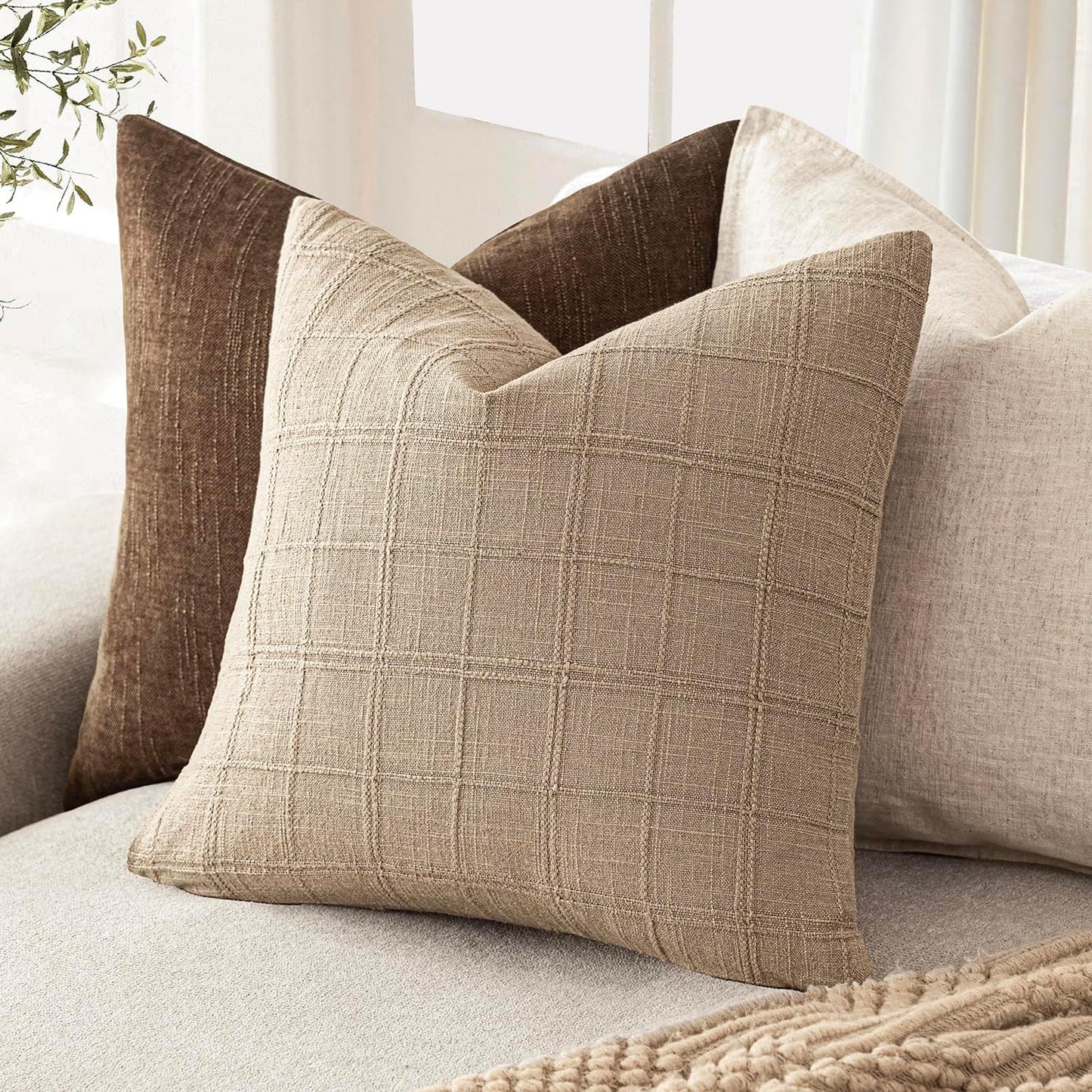 Foindtower Set of 2 Decorative Linen Check Throw Pillow Covers Neutral Farmhouse Vintage Cushion Covers Modern Coastal Boho Home Decor For Sofa Chair Couch Bedroom Living Room Outdoor,22×22 Inch,Camel