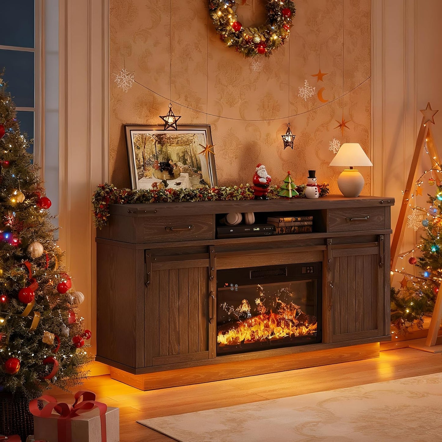 59'' Fireplace TV Stand with 3D Flame Electric Fireplace Heater, 34'' Tall Farmhouse TV Stand for 65 Inch TV, Entertainment Center TV Console with 2 Drawers, Sliding Barn Door for Living Room - Black