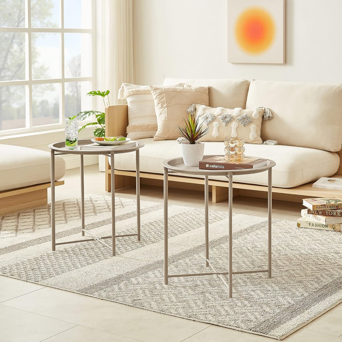 VECELO Side/End Table, Folding Round Metal Anti-Rust and Waterproof Outdoor or Indoor Tray for Living Room Bedroom Balcony and Office, 2 PCS, Grey