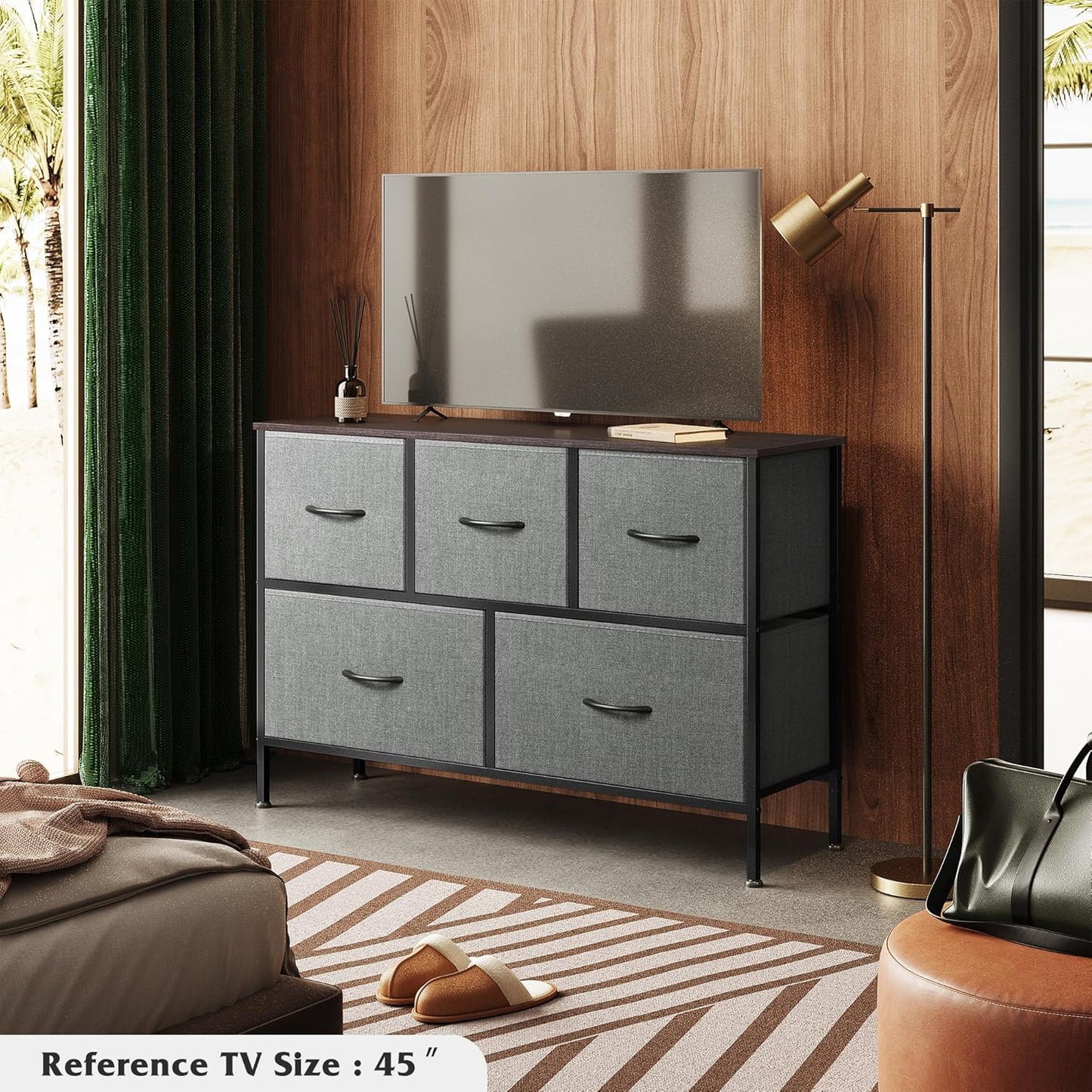 WLIVE Dresser for Bedroom with 5 Drawers, Long Storage Tower Organizer Unit, Fabric Dresser, Storage Drawer Unit with Fabric Bins for Closet, Hallway, Dark Grey, Size L