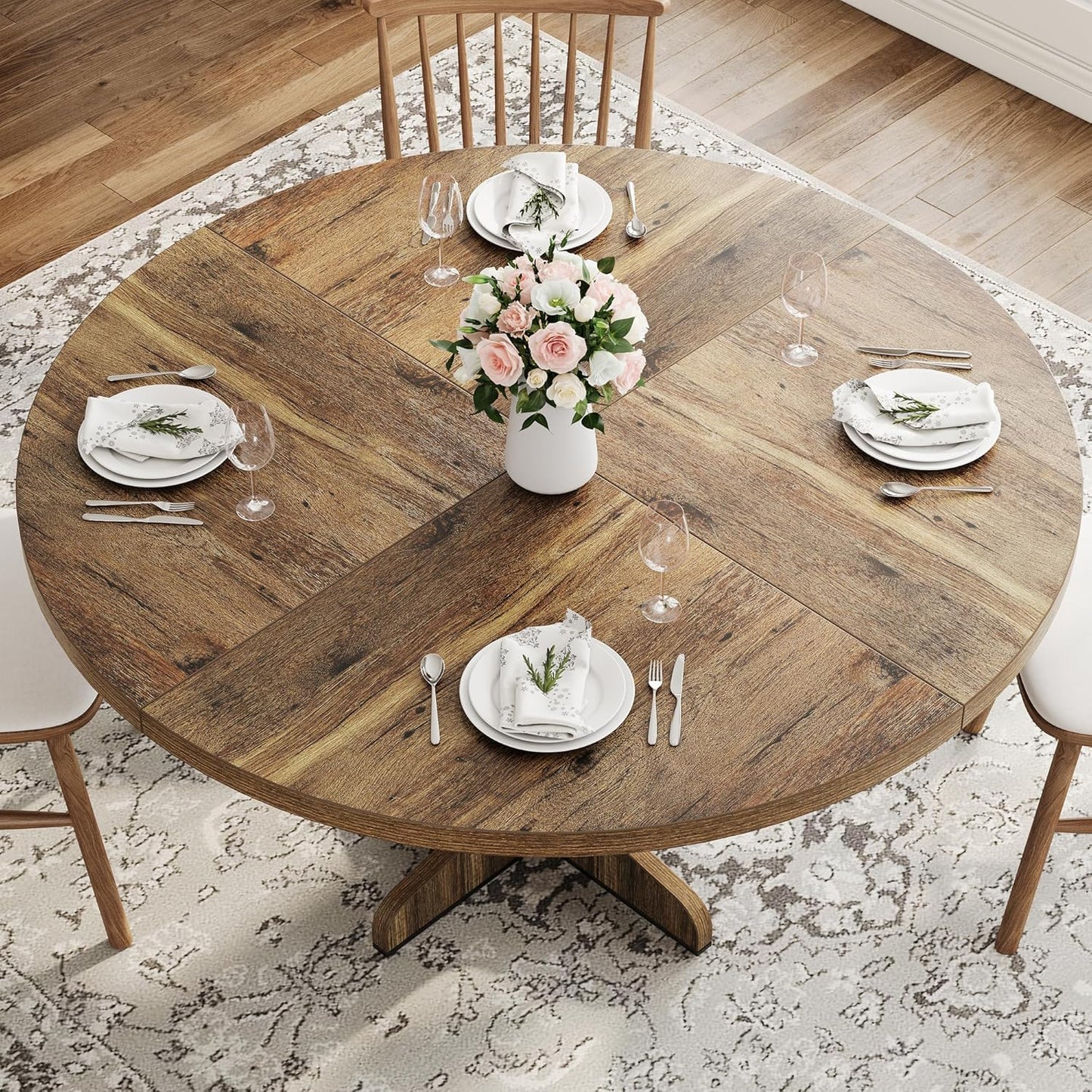 Garvee 47 Inch Round Dining Table for 4, Farmhouse Kitchen Dining Room Circle Dinner Table, Kitchen Dining Room Furniture, Brown (Table Only)