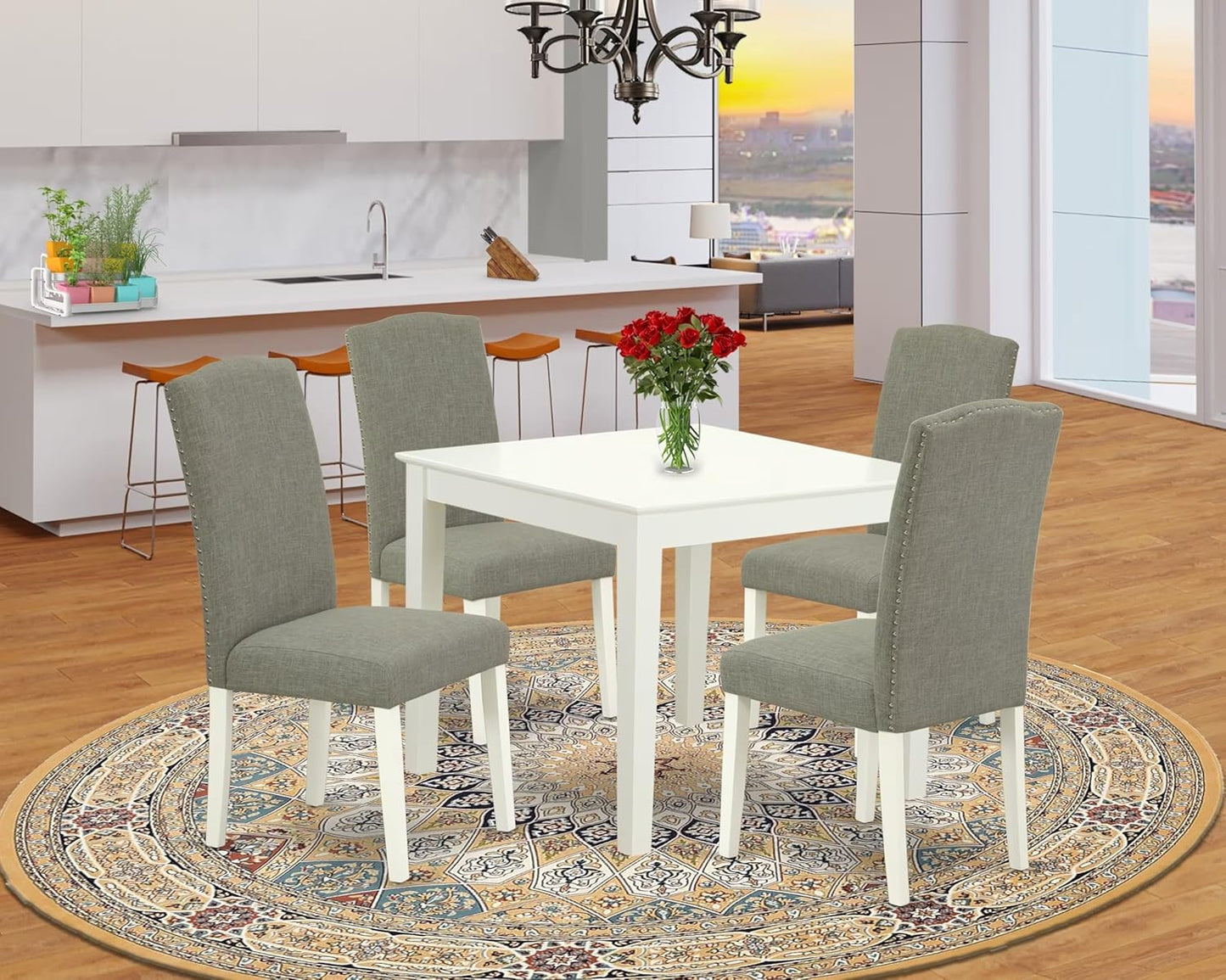 East West Furniture OXEN5-LWH-06 5 Piece Modern Dining Table Set Includes a Square Wooden Table and 4 Dark Shitake Linen Fabric Upholstered Parson Chairs, 36x36 Inch, Linen White