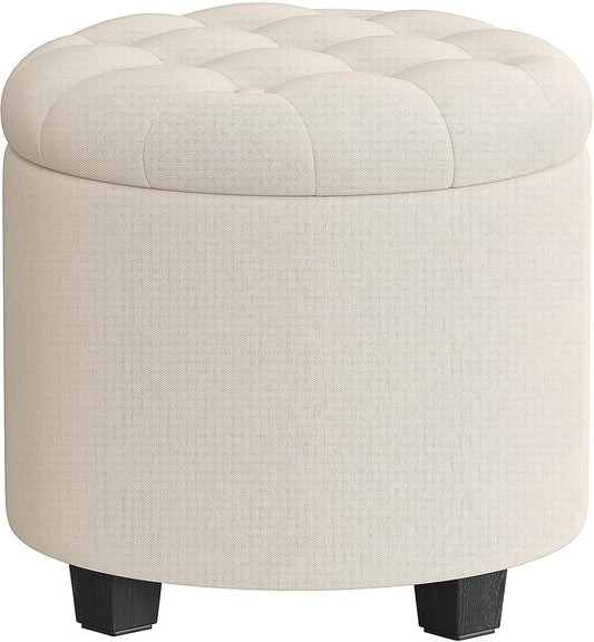 SONGMICS Round Ottoman, Ottoman with Storage, 17.7 x 17.7 x 17.5 Inches, Foot Rest with Legs, Linen-Look Fabric, Load up to 330 lb, for Living Room, Bedroom, Light Beige ULOM011W01