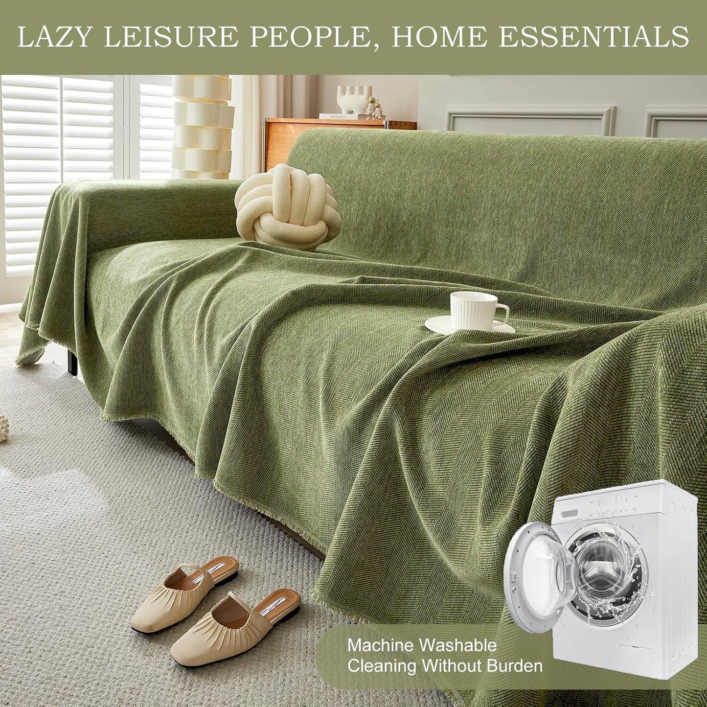 STACYPIK Christmas Matcha Green Sofa Cover Chenille Couch Covers Herringbone Sofa Covers for 3 Cushion Couch Thick Couch Covers Blanket Wear-Resistant Furniture Cover for Kids Dogs Decor-91X134IN