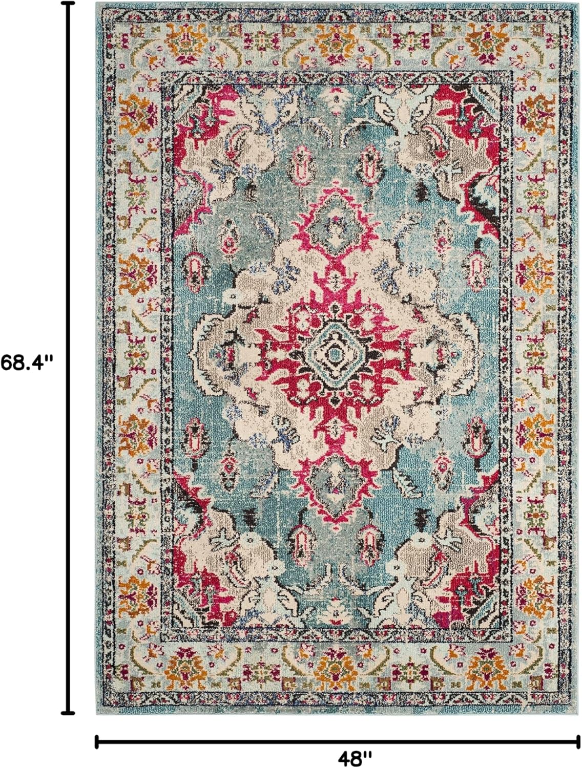 SAFAVIEH Monaco Collection Accent Rug - 4' x 5'7", Light Blue & Fuchsia, Medallion Distressed Design, Non-Shedding & Easy Care, Ideal for High Traffic Areas in Entryway, Living Room, Bedroom (MNC243J)