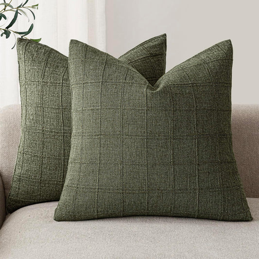 Foindtower Set of 2 Decorative Linen Check Throw Pillow Covers Neutral Farmhouse Vintage Cushion Covers Modern Boho Home Decor for Sofa Chair Couch Bedroom Living Room Outdoor,22×22 Inch,Olive Green