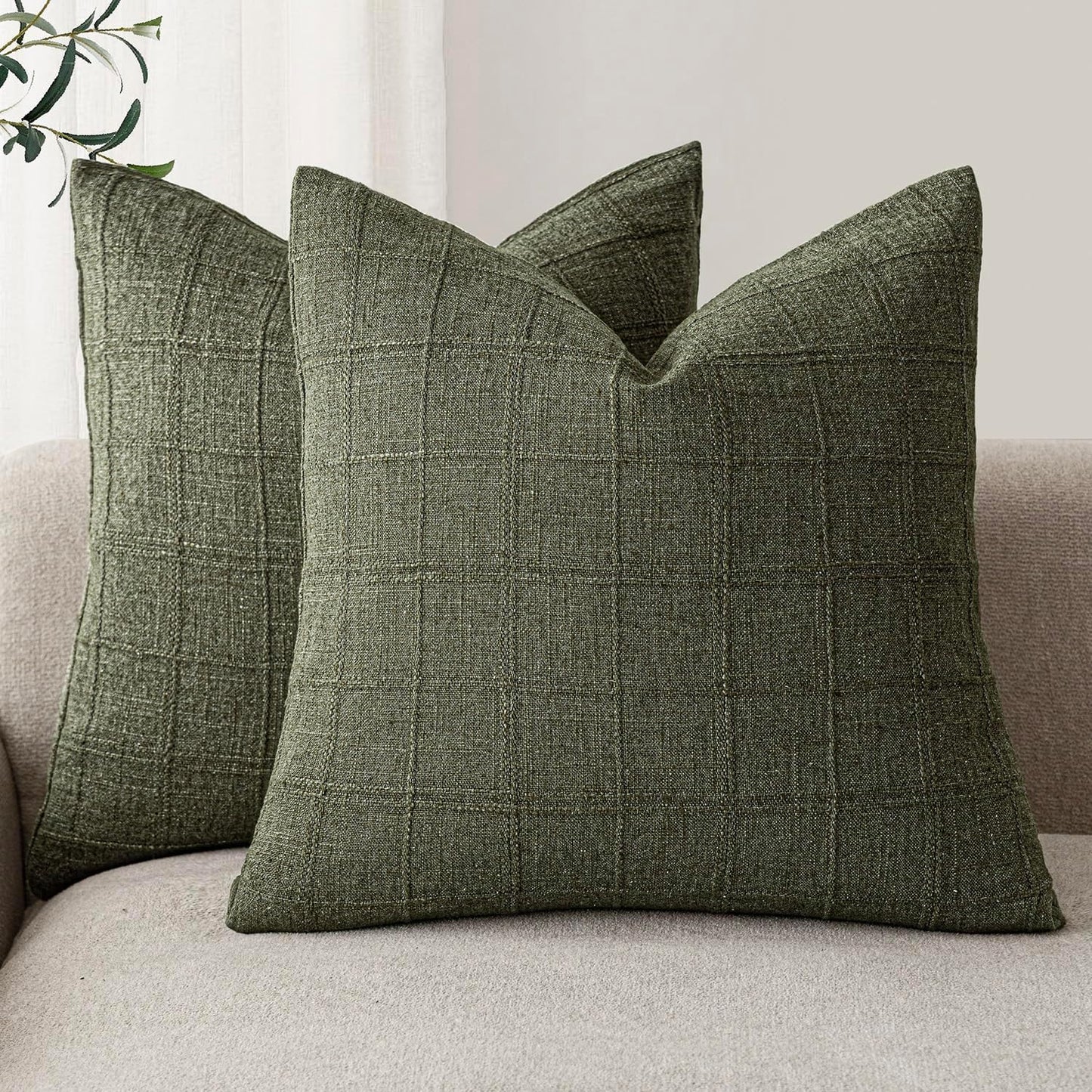 Foindtower Set of 2 Decorative Linen Check Throw Pillow Covers Neutral Farmhouse Vintage Cushion Covers Modern Boho Home Decor for Sofa Chair Couch Bedroom Living Room Outdoor,18×18 Inch,Olive Green