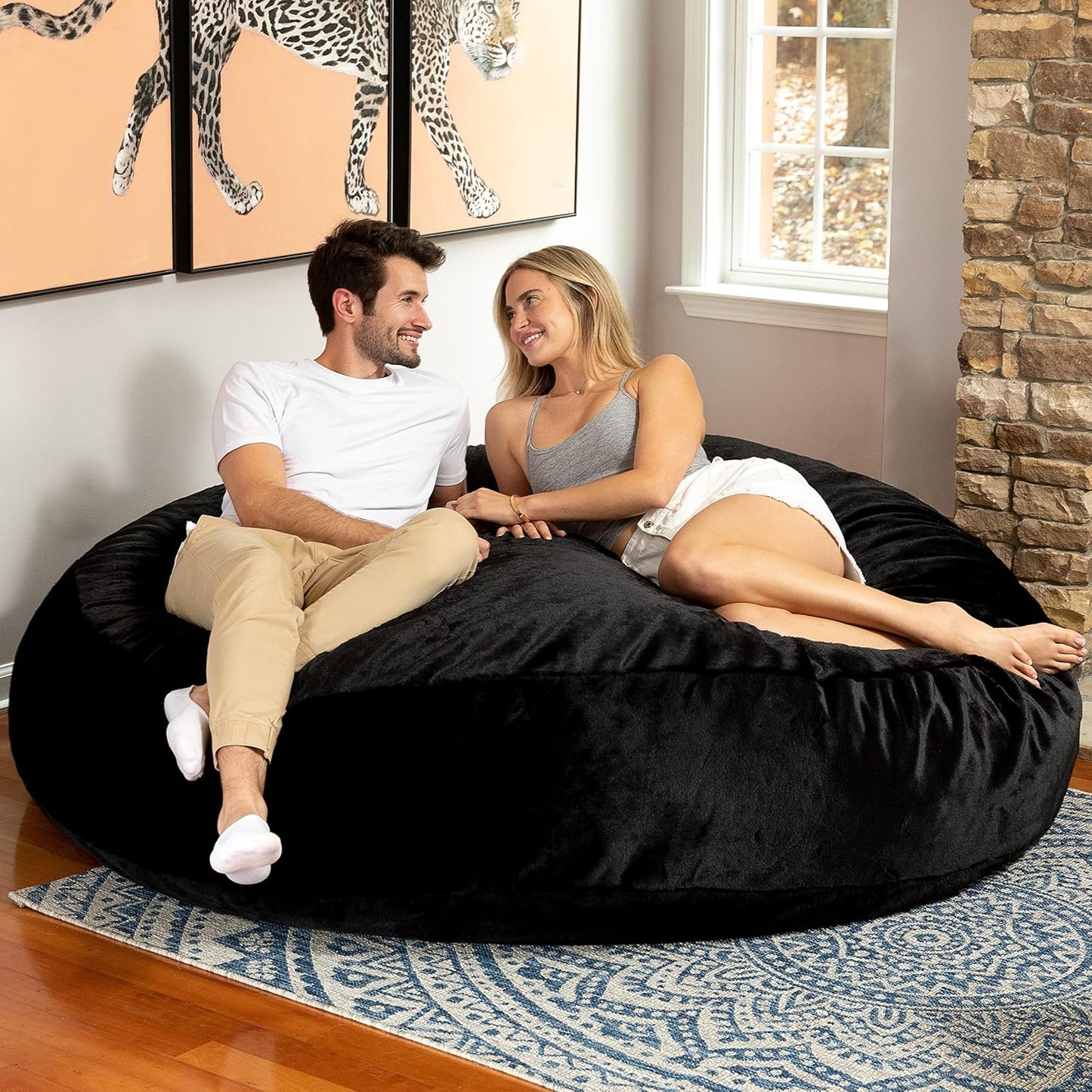 Jaxx 6 Foot Cocoon - 2-in-1 Convertible Bean Bag Bed & Large Bean Bag Chair for Adults - Premium Faux Fur, Black Rabbit
