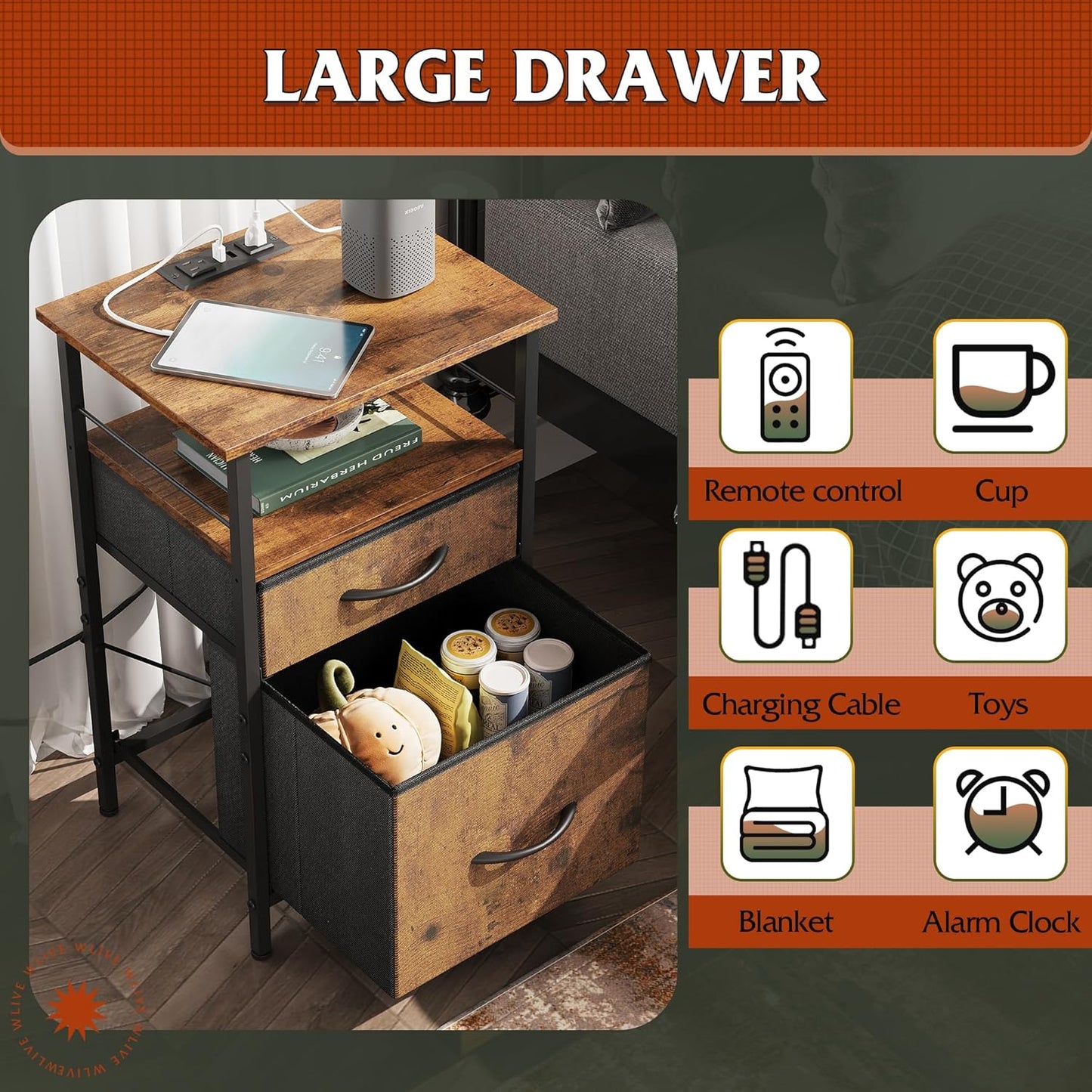 WLIVE Night Stand Set 2, Nightstand with Charging Station, Bedside Tables for Bedroom, Side Table with Fabric Drawers, USB Ports and Outlets, Rustic Brown