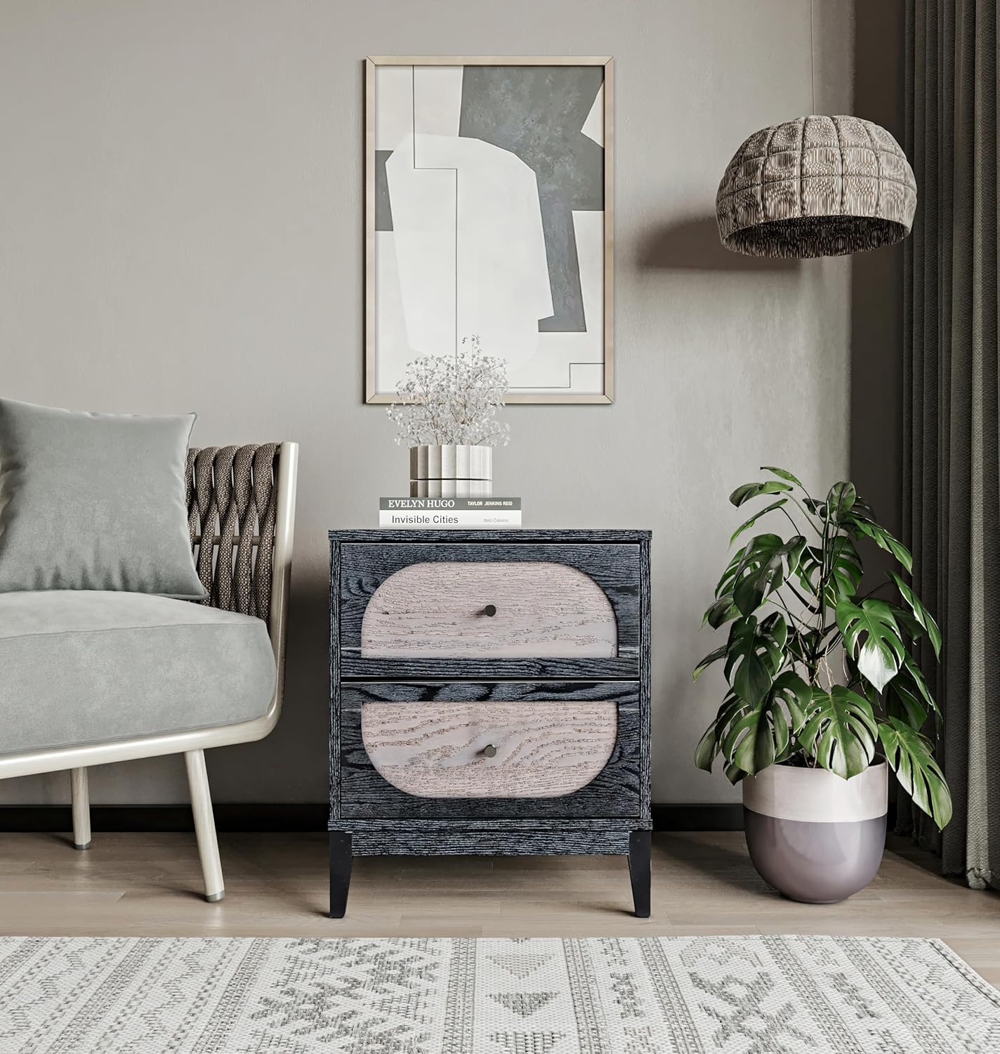 Sango Arch 2-Drawer Nightstand, Modern Black Wood Bedside Table with Two-Tone Finish, Storage Drawers, Sturdy Legs, Minimalist Stylish Furniture for Contemporary Homes