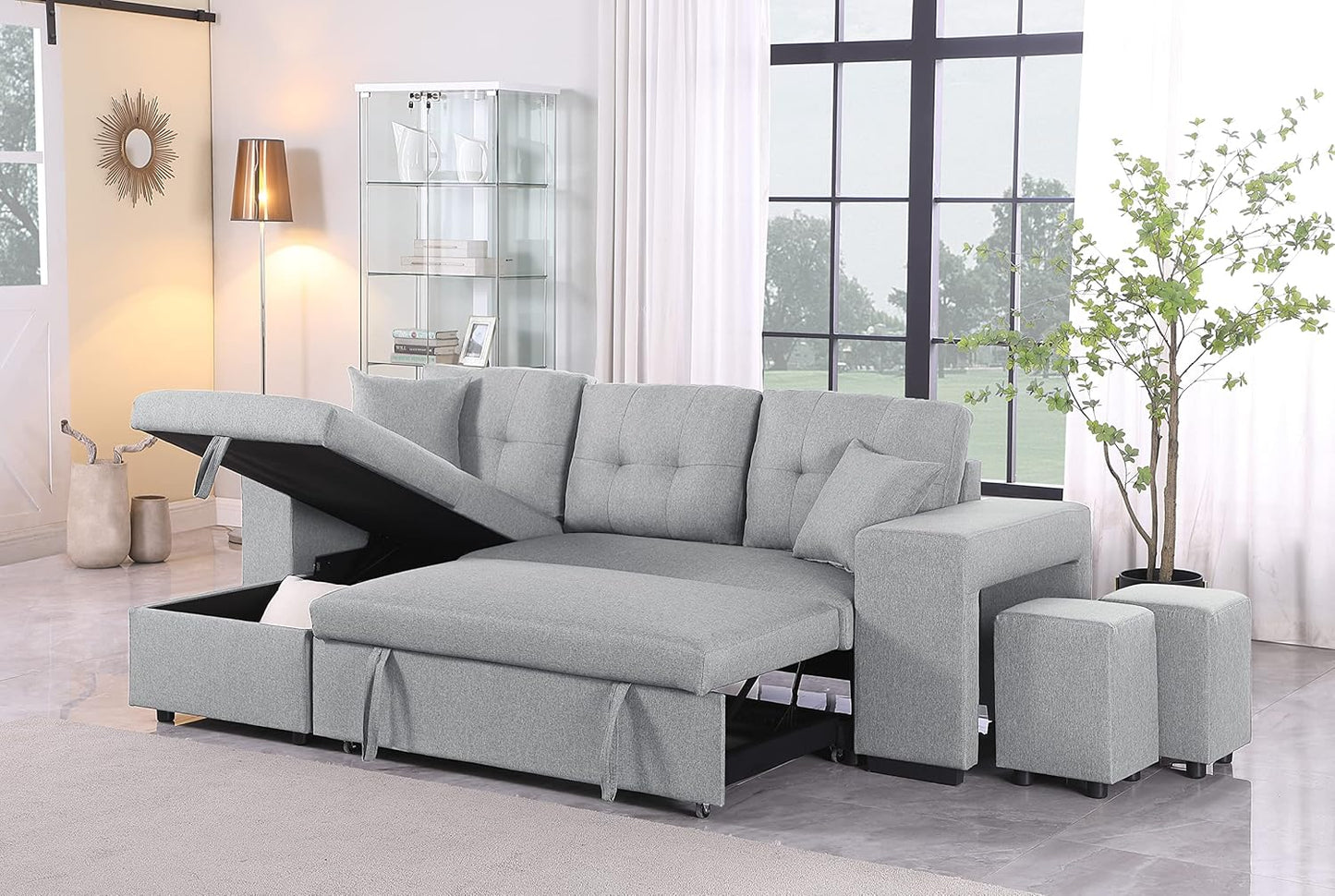 Devion Furniture Garisa 4-in-1 Convertible L Shaped Couch with Pull Out Bed and Storage, Sectional Sleeper Sofa with Reversible Chaise for Living Room, Apartment, Bedroom, Office