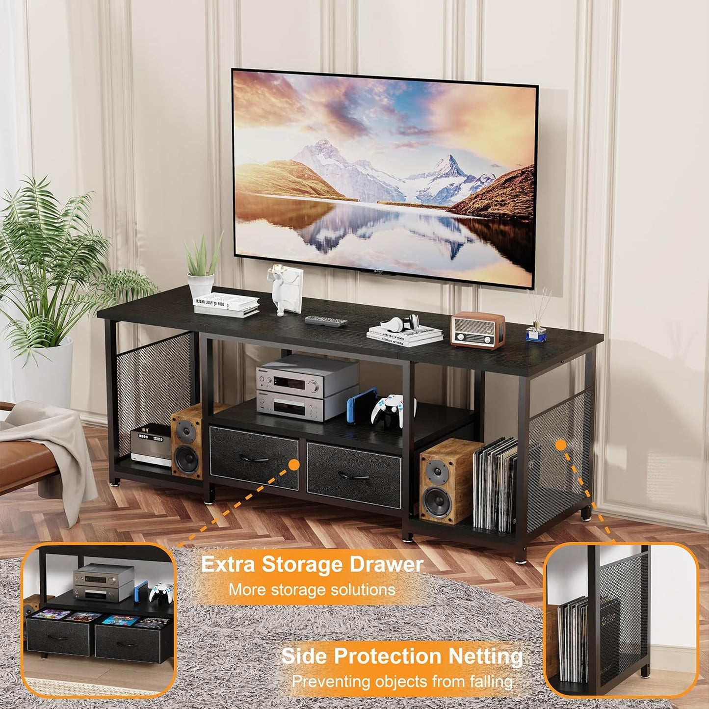 TV Stand with Drawers and Open Storage Shelves for 75 70 65 Inch TV, Entertainment Center with Open Storage Shelves, Industrial Media TV Console Table for Living Room Bedroom Office, Black