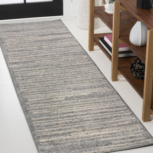 JONATHAN Y Khalil Modern Berber Stripe Gray/Cream Runner Rug, 2x8, Contemporary, Bohemian, Easy-Cleaning for Living Room, Bedroom, Kitchen, Pet Friendly, Non-Shedding (MOH207G-28)