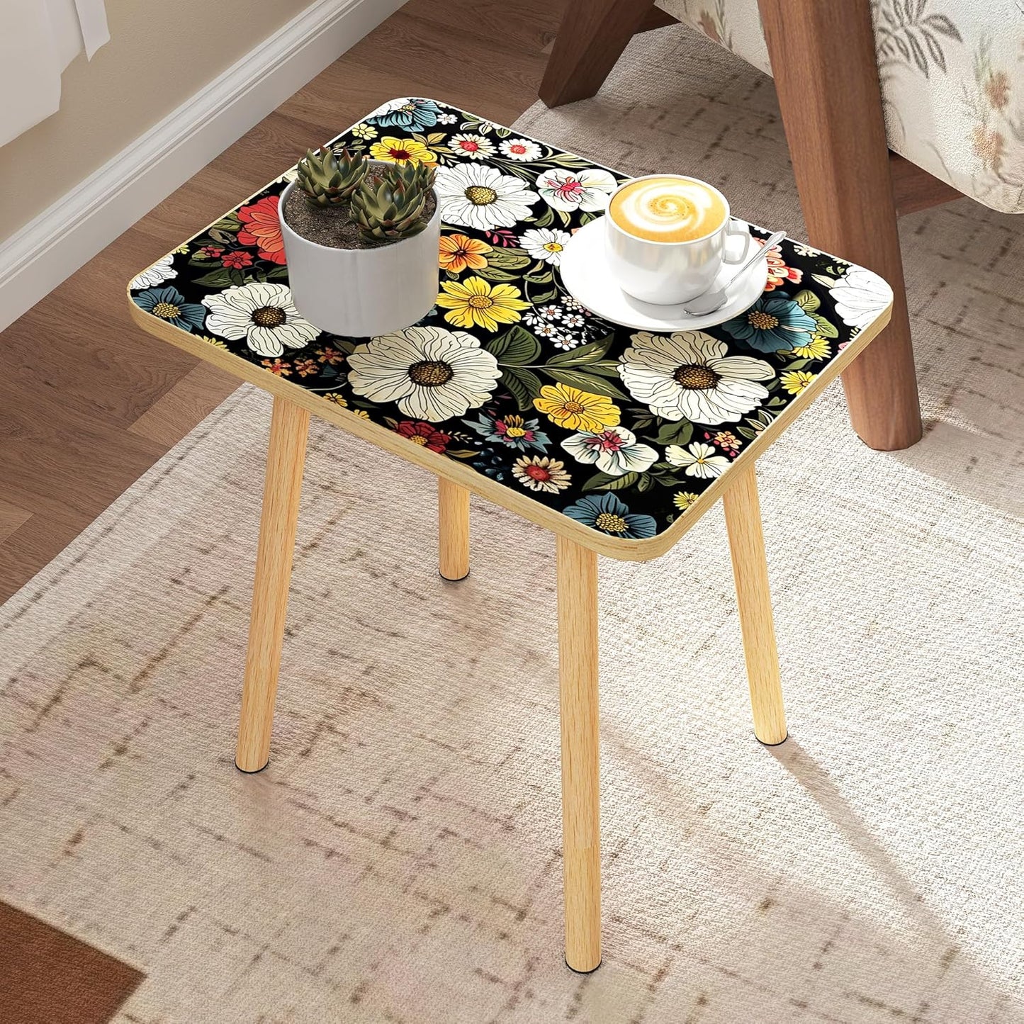 Mandala Small Rectangle End Table, Side Table with Colorful Flowers Finish, Retro Modern Small Coffee Table for Balcony, Living Room(11.8" D x 15.7" W x 17" H, Colorful, Rectangle)