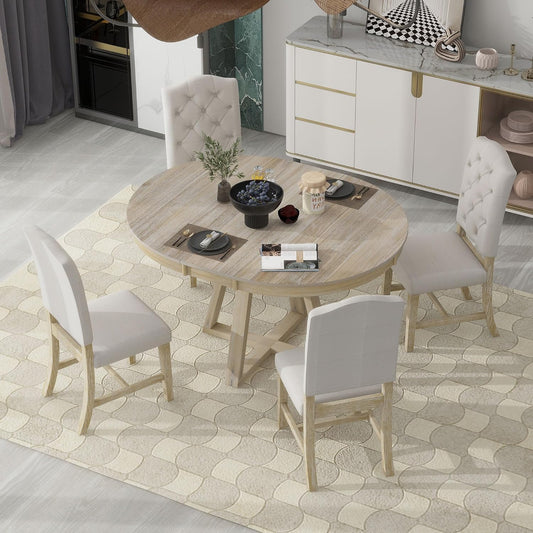 5 Pieces Dining Table Set with 42" Table,Living Room Furniture W/ 4 Upholstered Chairs,Tabletop Can be Adjusted from Round to Oval in Shape,for Restaurant,Home Bistro,Natural