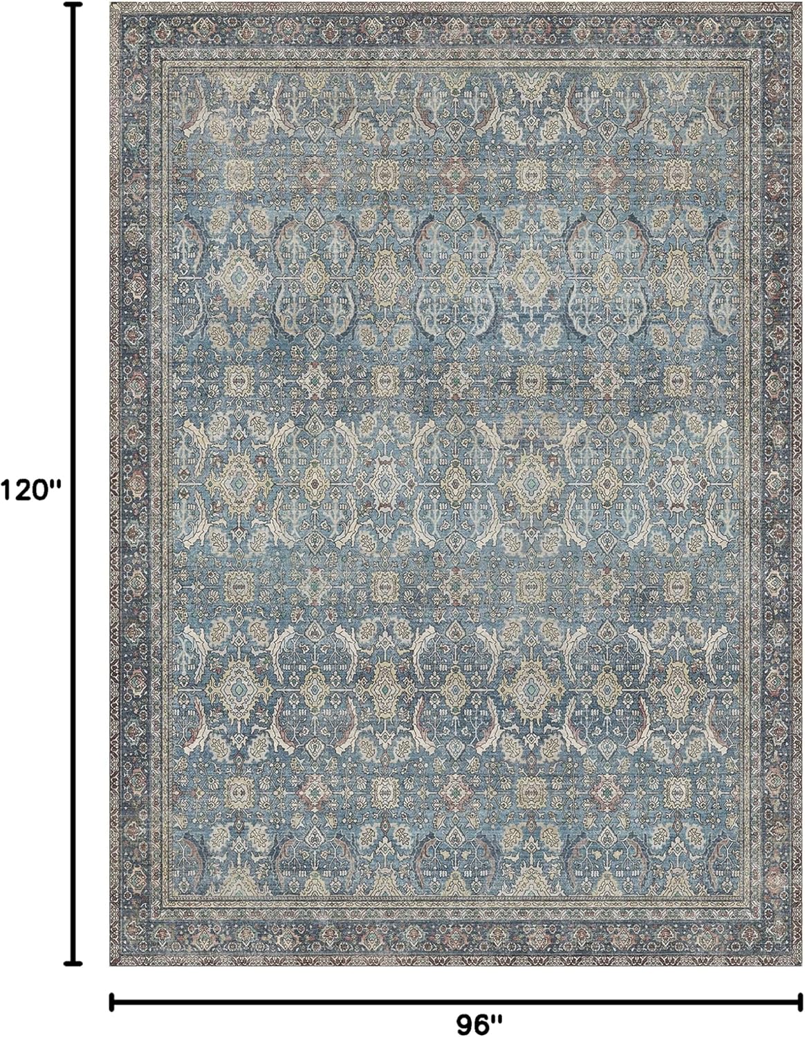8X10 Area Rugs Machine Washable Rugs for Living Room, Vintage Boho Large Rugs for Bedroom Dining Room, Non Slip Indoor Soft Distressed Lightweight Thin Low Pile Carpet, Vintage Blue