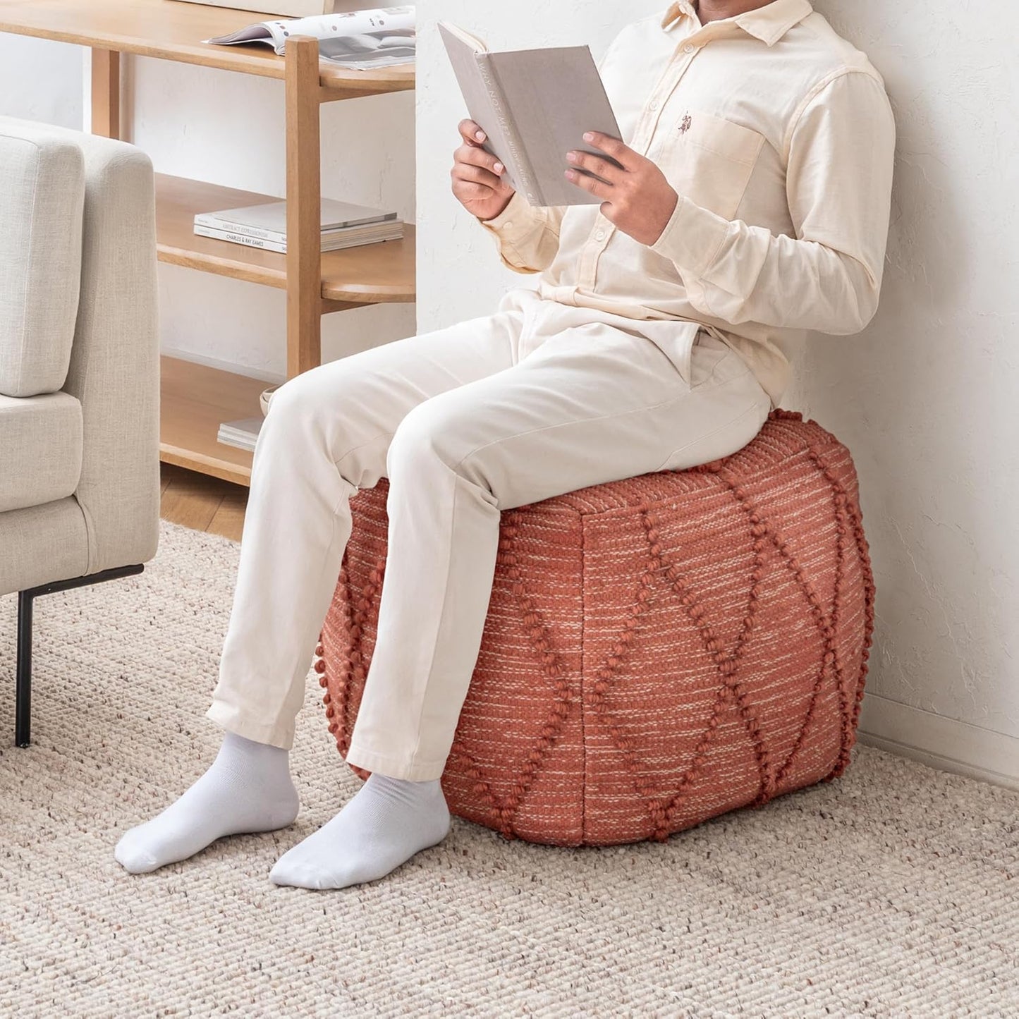 Anji Mountain 100% Handmade & Handcrafted Comfortable Home Décor Pouf Ottoman Footrest for Living Room, Bedroom, Nursery, Kidsroom, Patio Furniture - (19" x 19" x 17"- Terracotta)