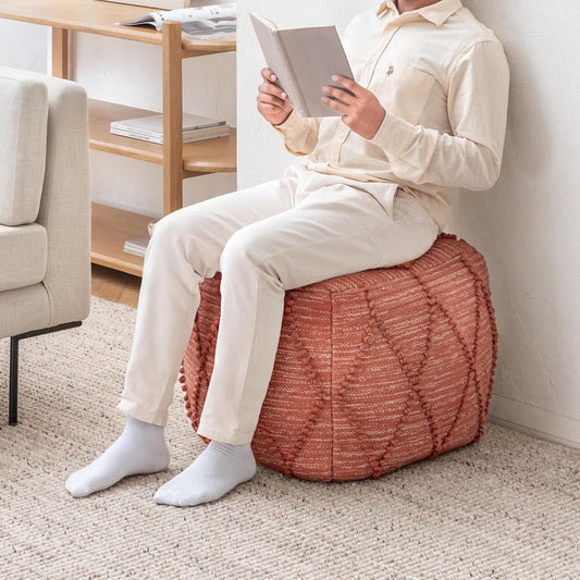 Anji Mountain 100% Handmade & Handcrafted Comfortable Home Décor Pouf Ottoman Footrest for Living Room, Bedroom, Nursery, Kidsroom, Patio Furniture - (19" x 19" x 17"- Terracotta)