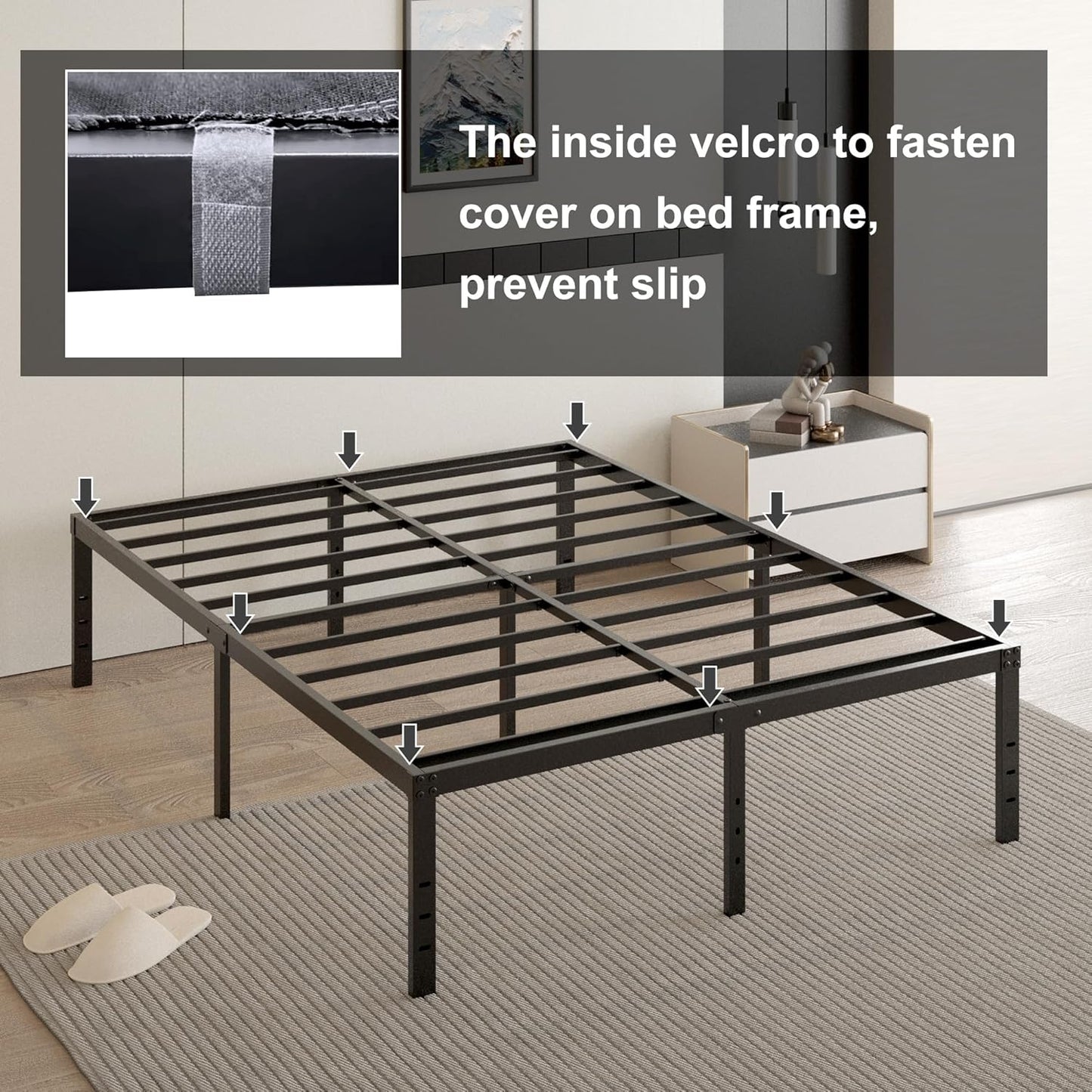 18 Inch California King Bed Frame with Black Bed Cover, Metal Cal King Bed Frame No Box Spring Needed, Heavy Duty Mattress Foundation, Easy Assembly, Noise Free