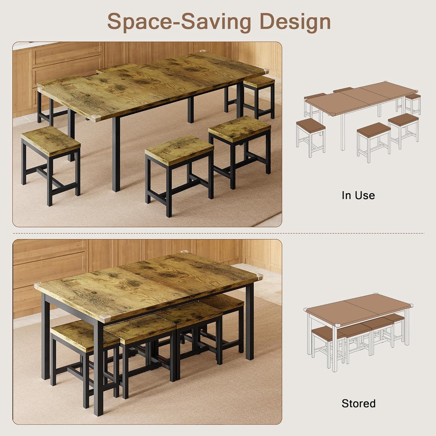 7-Piece Dining Table Set, 63" Extendable Kitchen Room Table with 6 Stools, Mid Century Modern Dinner Table with Metal Frame & MDF Board, Space-Saving, Easy Assembly, Rustic Brown