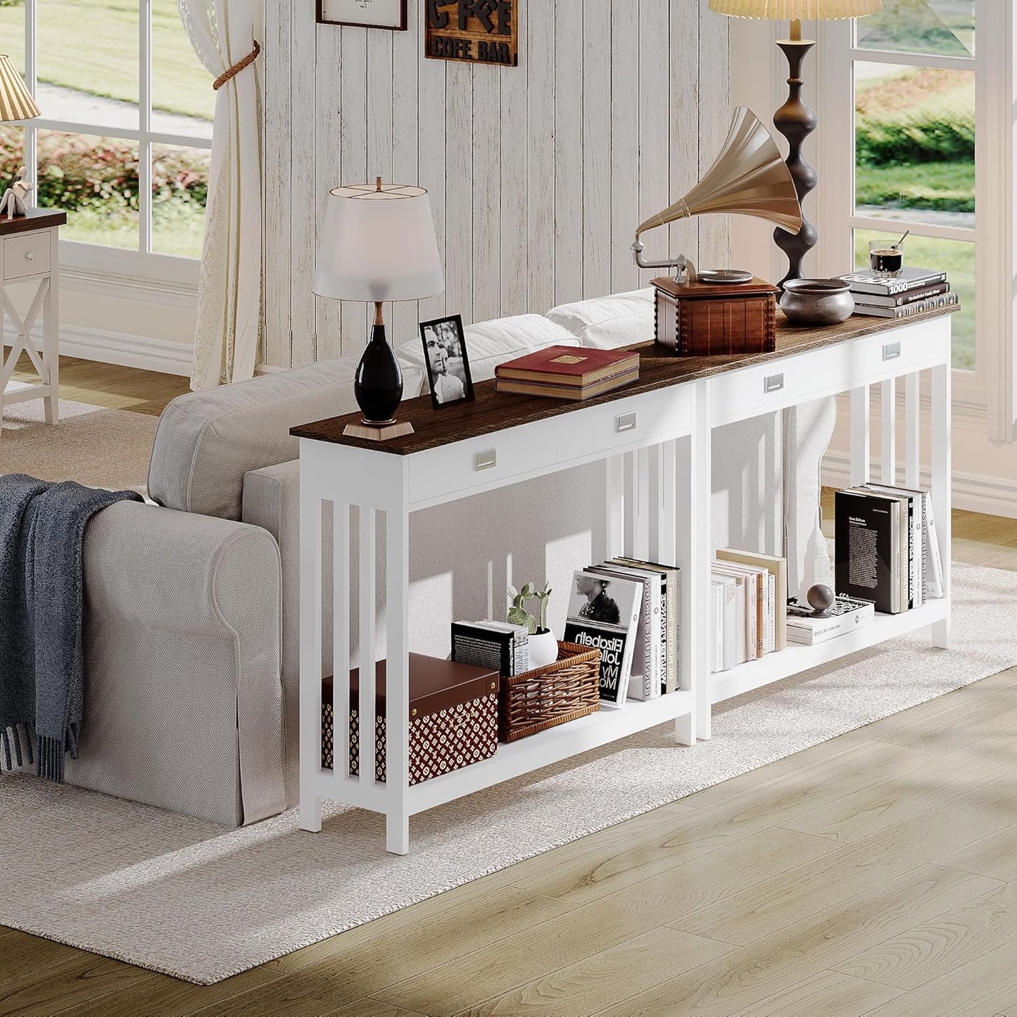 ChooChoo Farmhouse Console Table with Drawer, Mission Narrow Entryway Sofa Table with Storage, for Entryway, Living Room and Hallway, Soft White and Brown