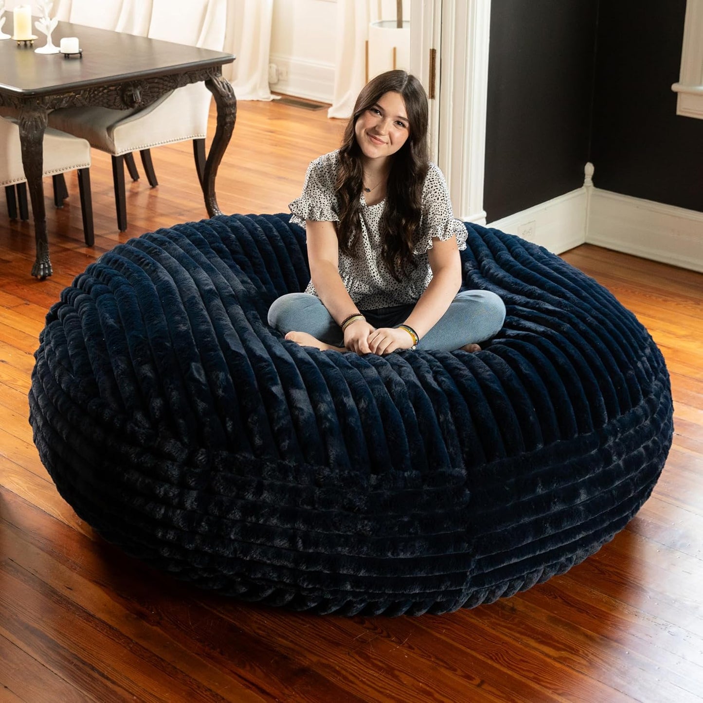 Jaxx 6 Foot Cocoon - 2-in-1 Convertible Bean Bag Bed & Large Bean Bag Chair for Adults, Premium Luxe Faux Fur - Mondo Midnight Blue