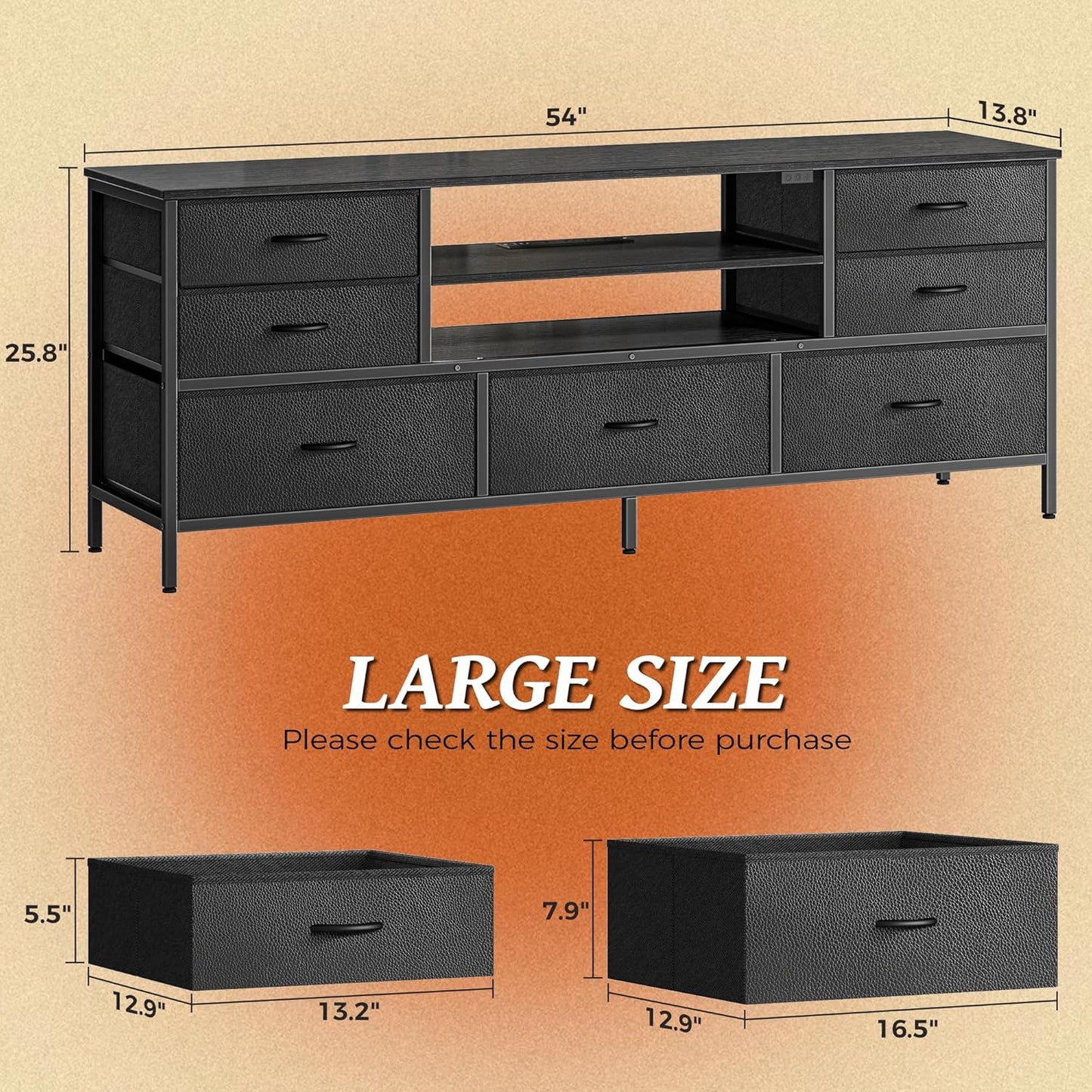 Huuger Dresser for Bedroom With Power Outlets and LED Lights, 7 Drawers TV Stand for 60 Inch TV, Console With Open Shelf, 55 Inches Wide Black, PU Leather