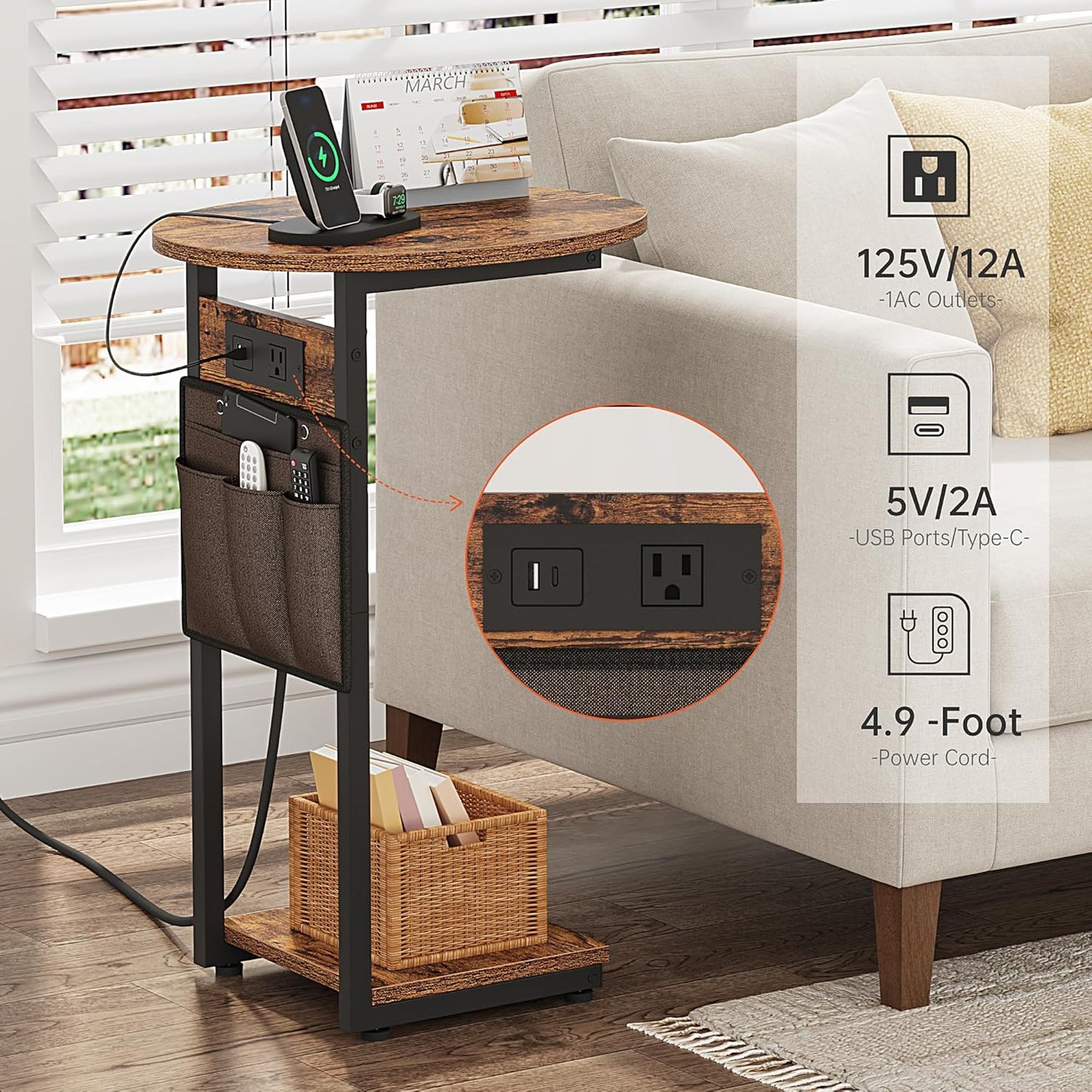 Vagusicc C Shaped End Table with Charging Station, Small Side Table for Couch, TV Tray Table Slide Under Sofa Table for Living Room Bedroom, Round Couch Side Table C Table for Sofa, Rustic Brown