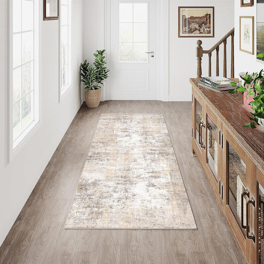2x5 Washable Runner Rug Beige Grey Neutral Abstract Hallway Kitchen Living Room Bedroom Non Slip Throw Rug Soft Low Pile Indoor Carpet for Entrance Laundry Bathroom