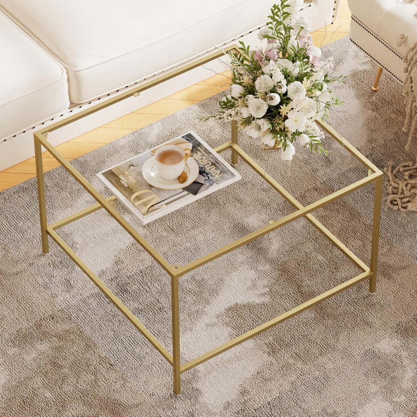 Glass Coffee Table, Modern Square Coffee Table for Living Room, Minimalist Center Tea Table with Sturdy Metal Frame for Apartment, Office, Easy Assembly, 27.6 x 27.6 x 17.7 Inches, Golden